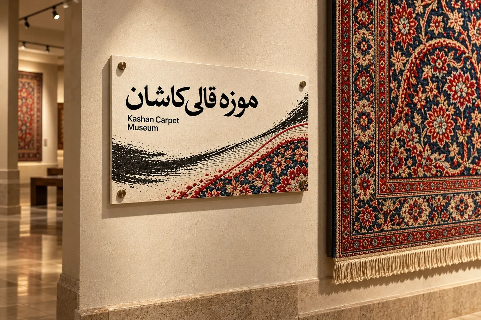 Museum wall sign with thread graphic beside a carpet