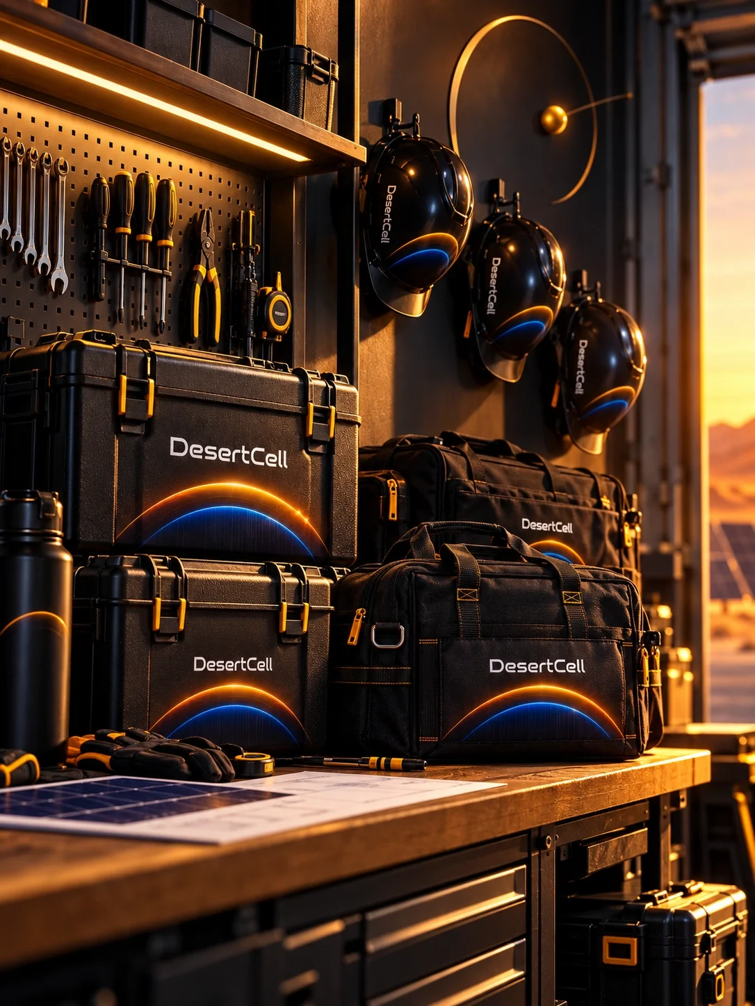 Branded tool cases, work bags and safety helmets.