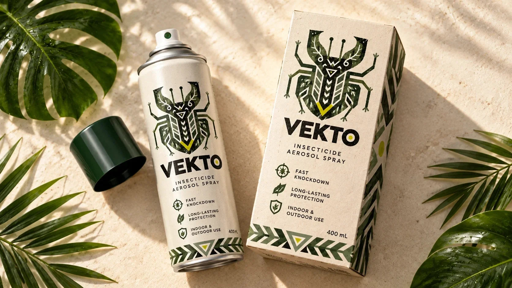 VEKTO spray can and carton on a light surface