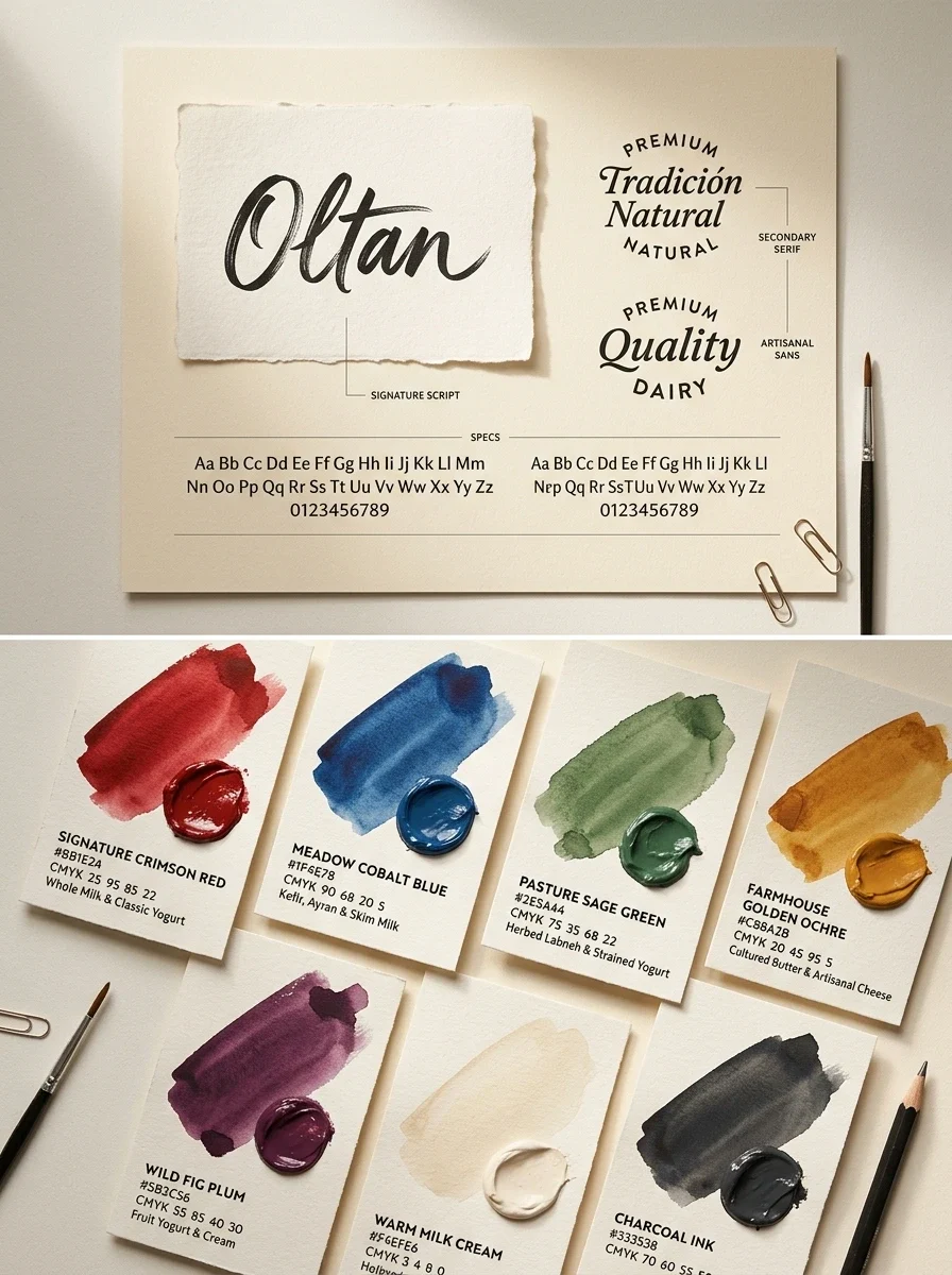Oltan brush-script lettering and seven watercolor palette swatches