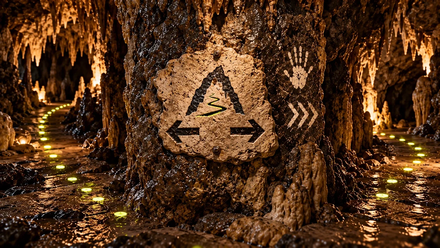 Cave wall wayfinding arrows beside a dotted light trail