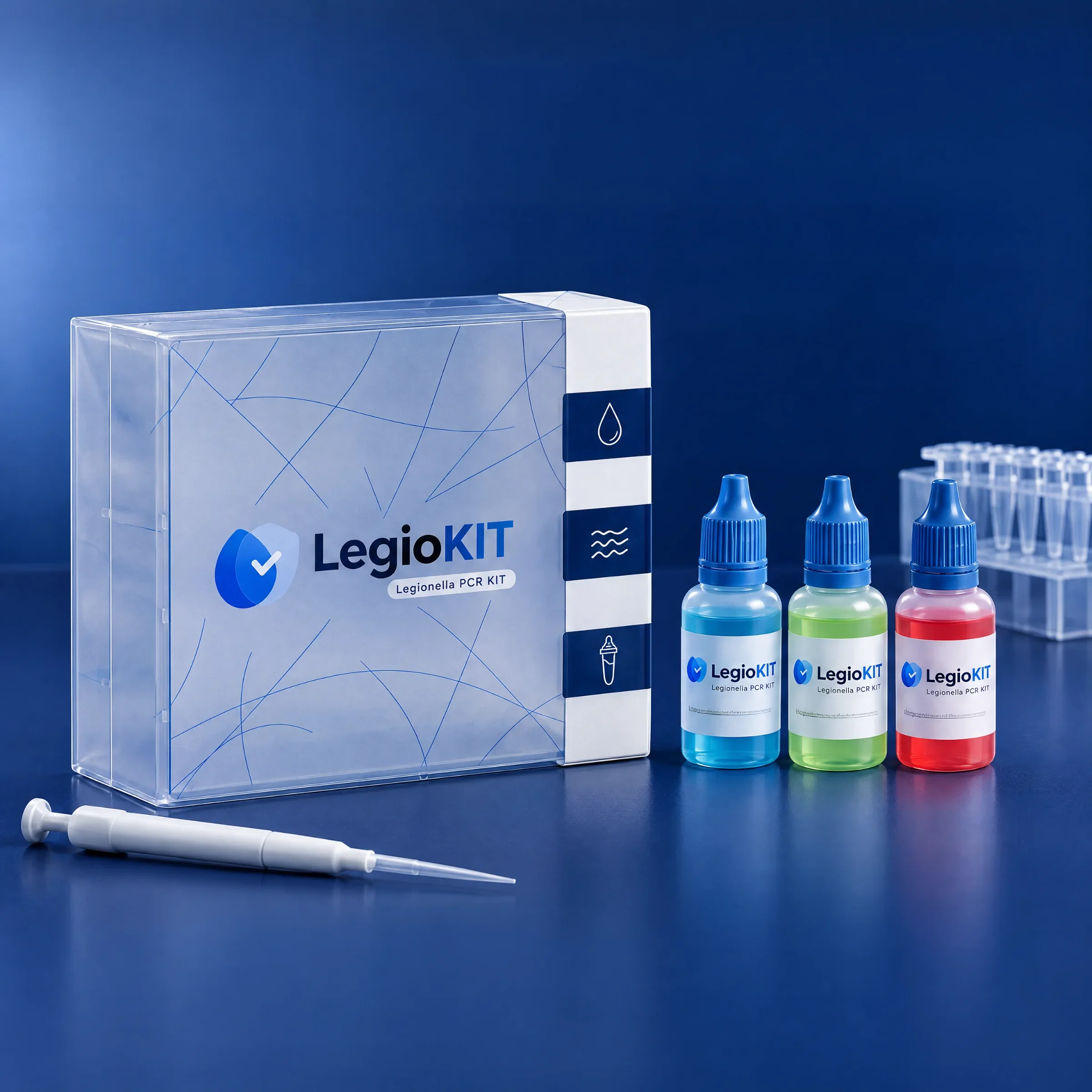 LegioKIT packaging and reagent bottles in a bright laboratory setting