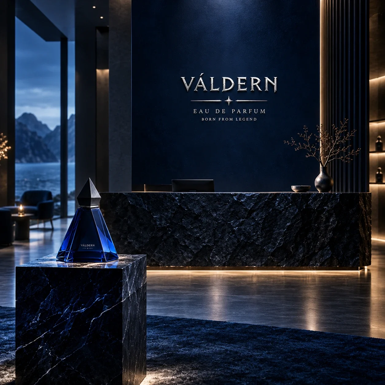 VÁLDERN reception concept with silver wall lettering and blue perfume display.