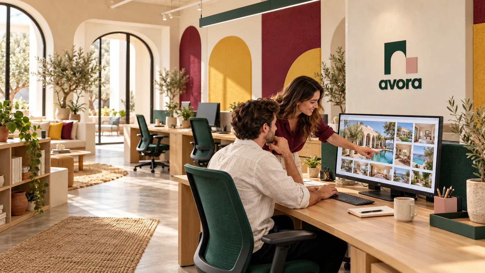 Avora hospitality workspace with graphic wall panels and a computer showing accommodation imagery.