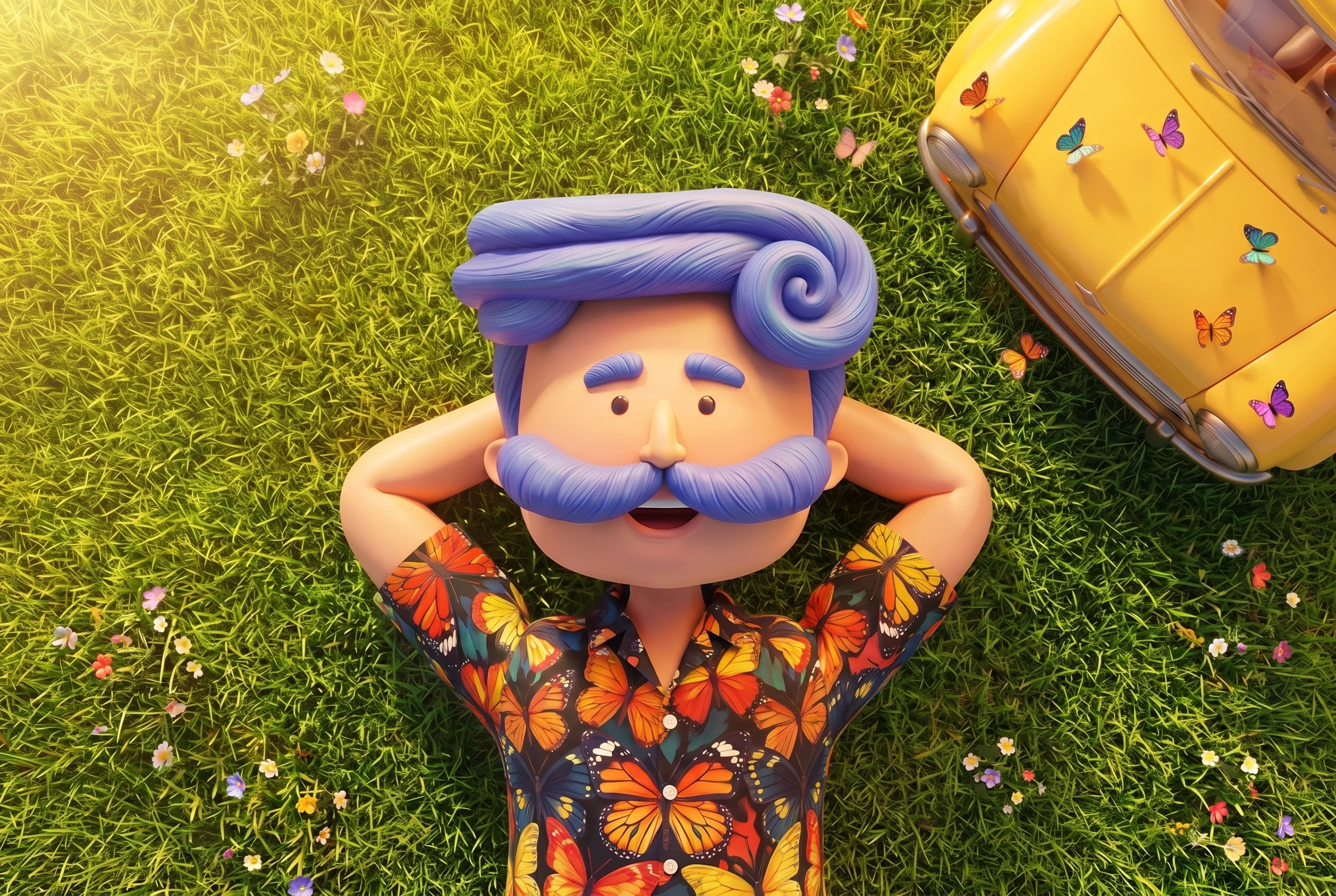 Overhead Azki key visual: the relaxed mascot on grass with butterflies and a yellow car in the corner.
