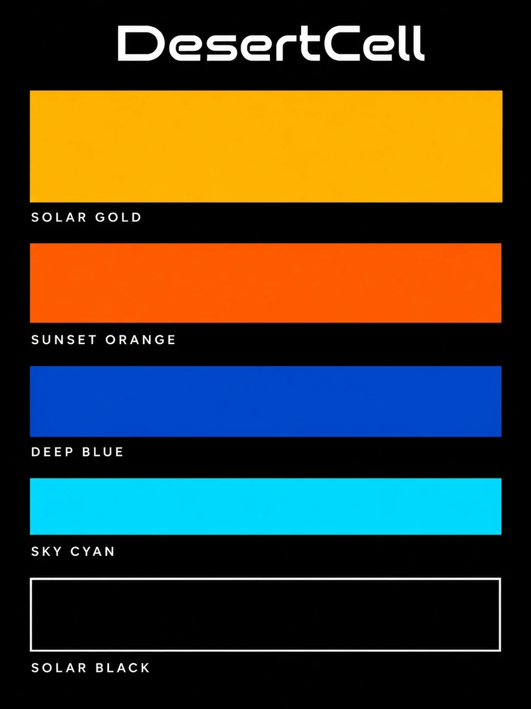 Five labeled brand color blocks on black.
