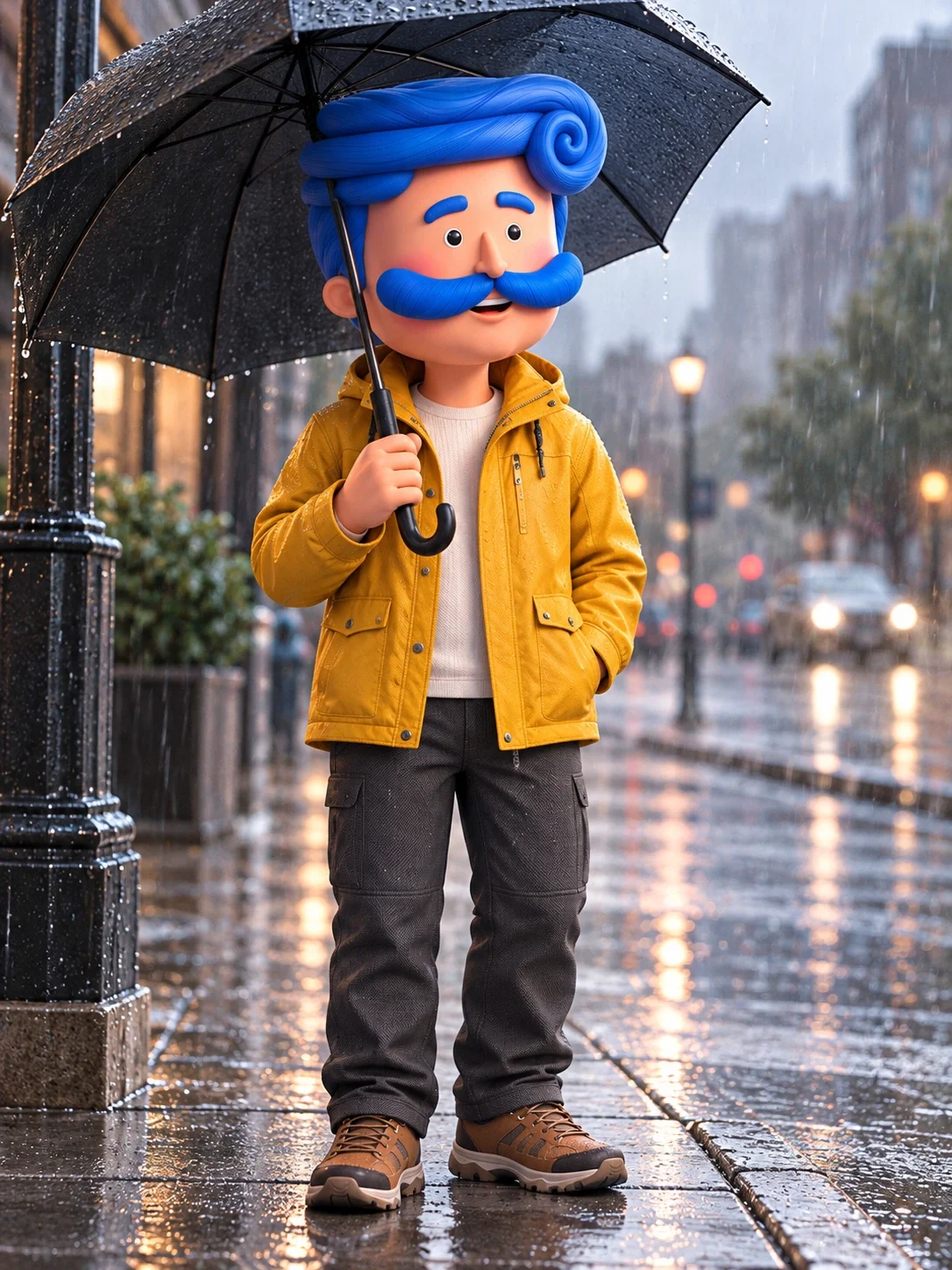 Azki mascot in a yellow raincoat holding an umbrella on a wet city pavement.