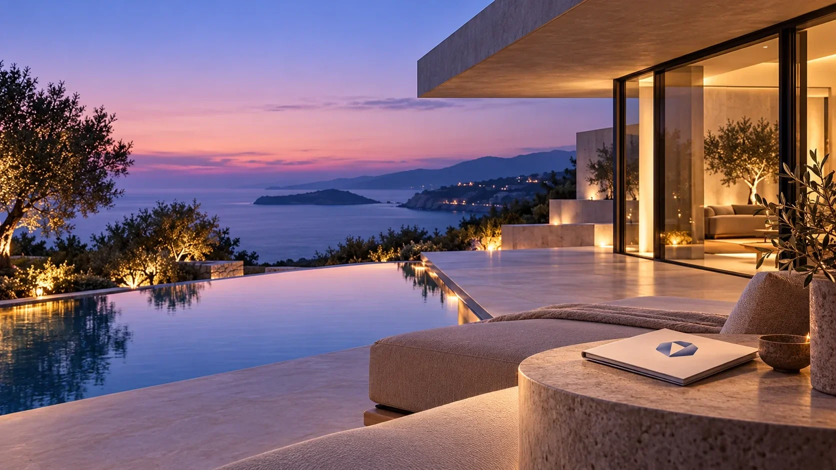 Coastal home at dusk with terrace and pool