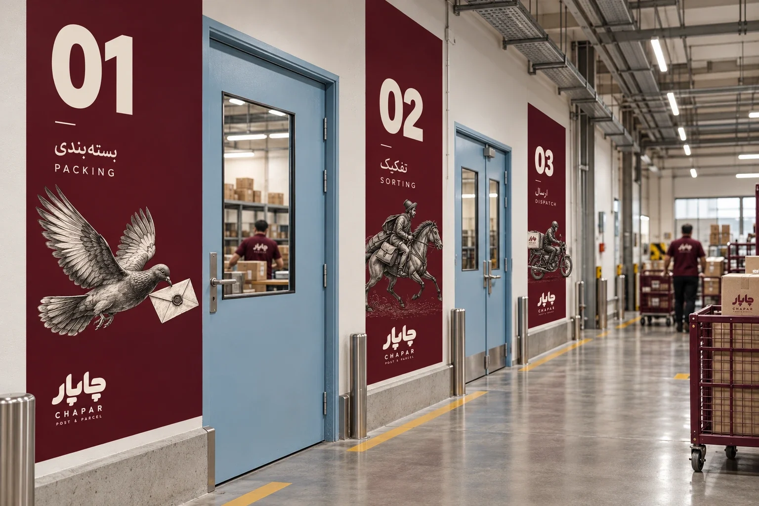 Wayfinding concept with burgundy numbered signs and powder-blue doors.