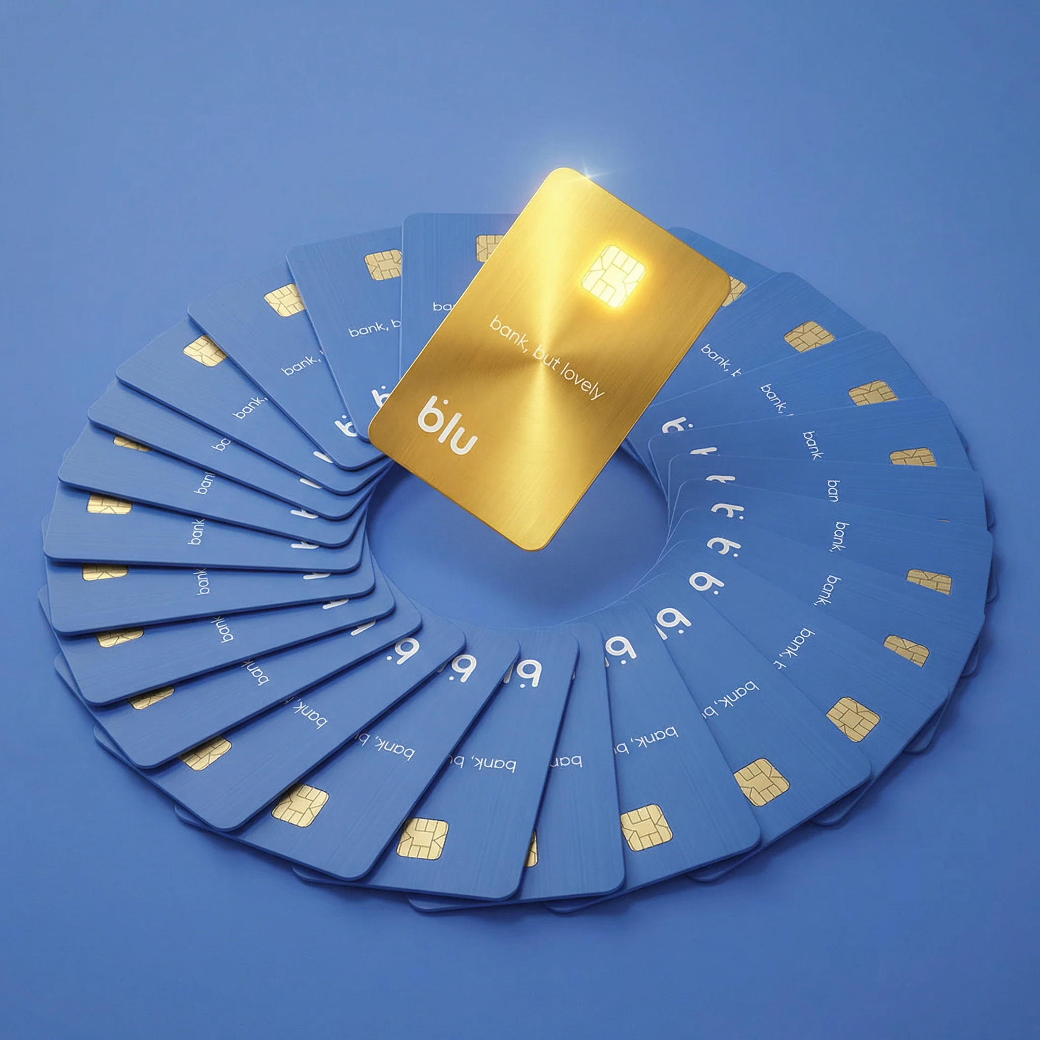 Gold card above a circular fan of blue bank cards.