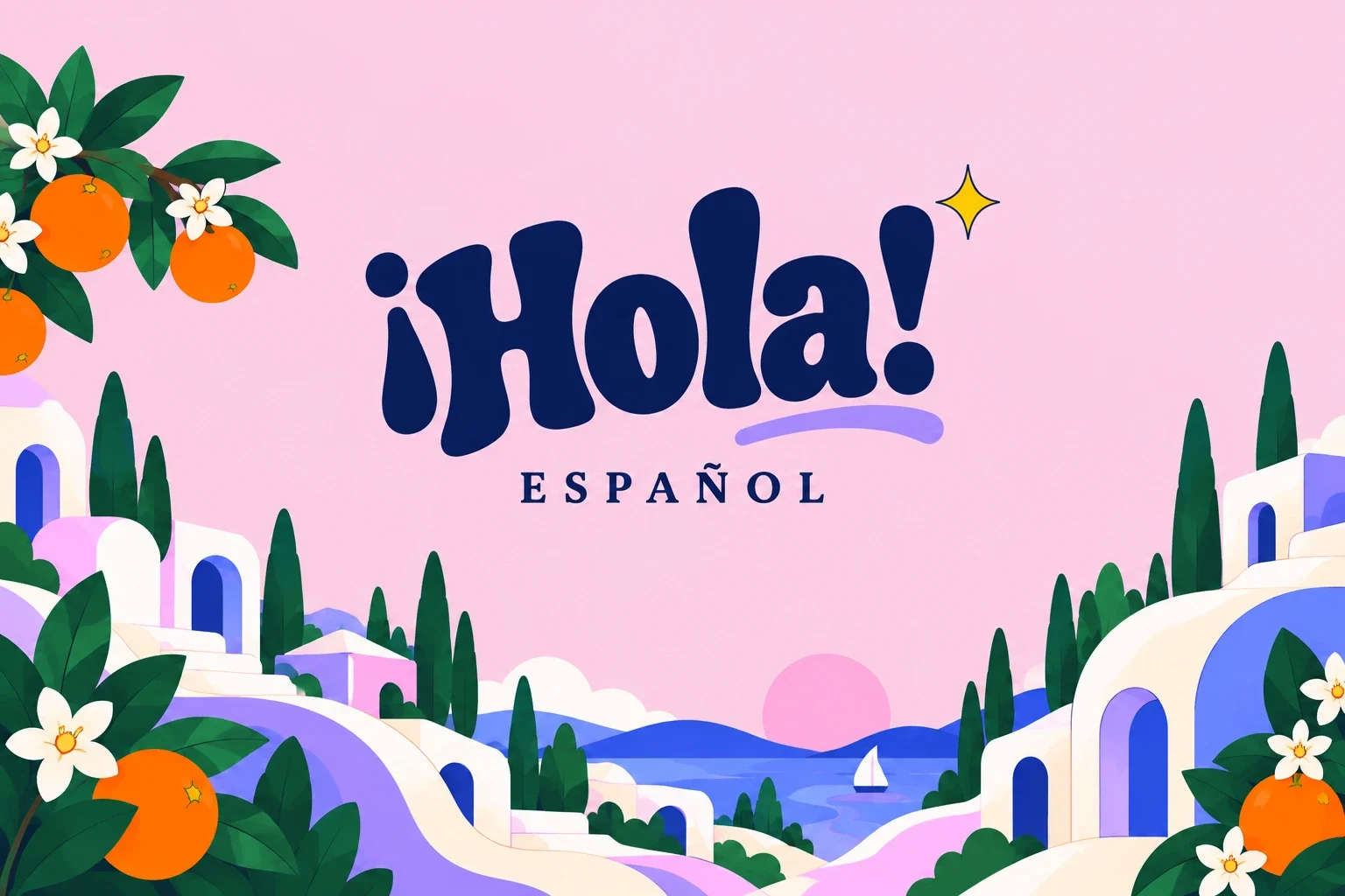 Hola navy wordmark above a lavender coastal landscape with orange blossom.