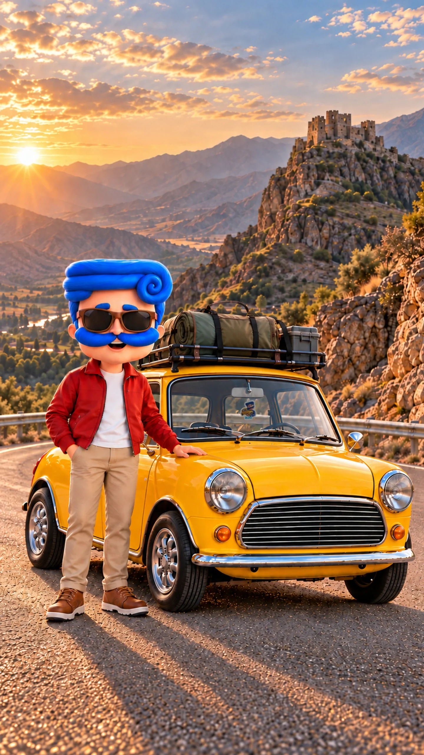 Azki mascot wearing a red jacket beside a yellow car on a mountain road at sunset.