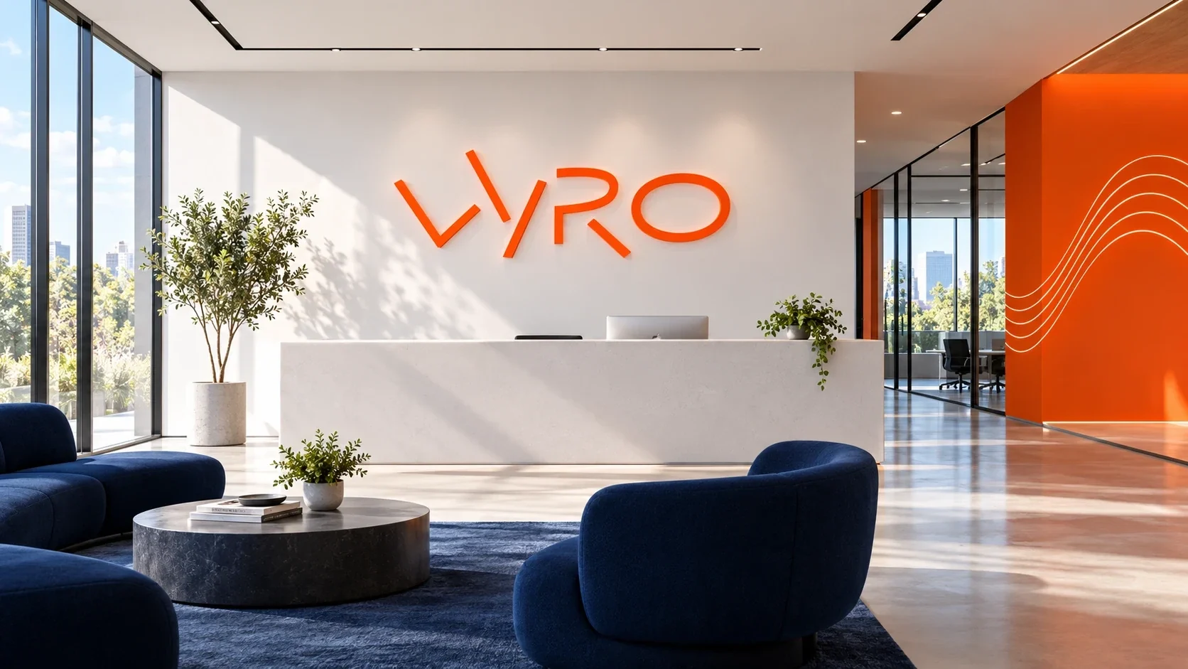 Orange Vyro wordmark in a bright reception area