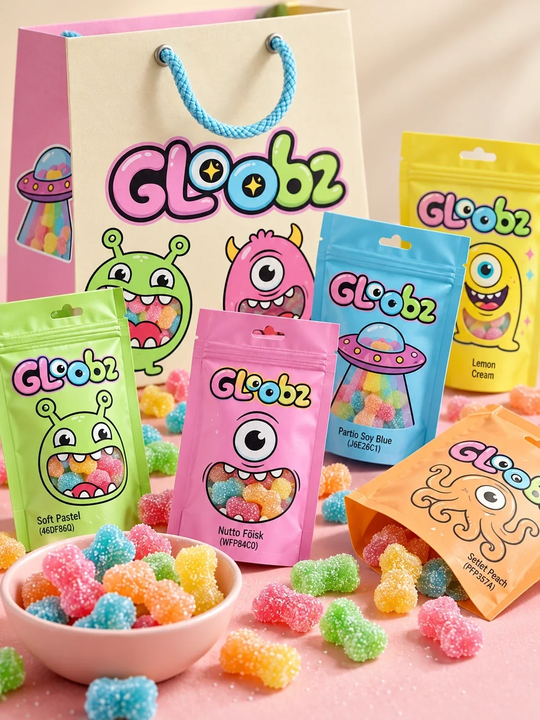 Gloobz shopping bag and five pouches in a warm product scene