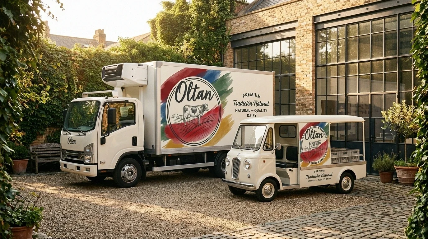 Oltan cow badge and watercolor strokes on refrigerated delivery vehicle mockups