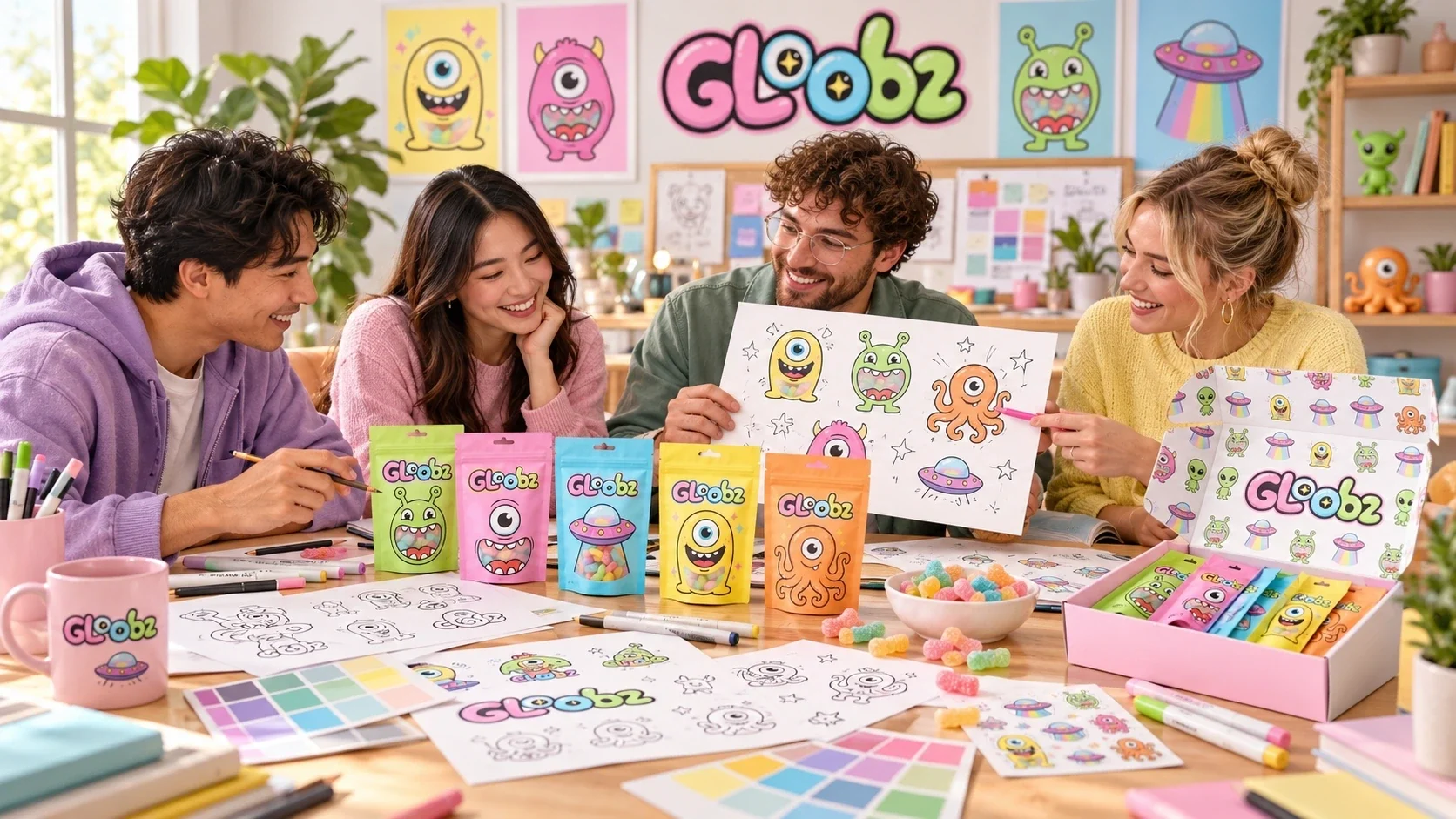 Gloobz packaging and color studies arranged on a design table
