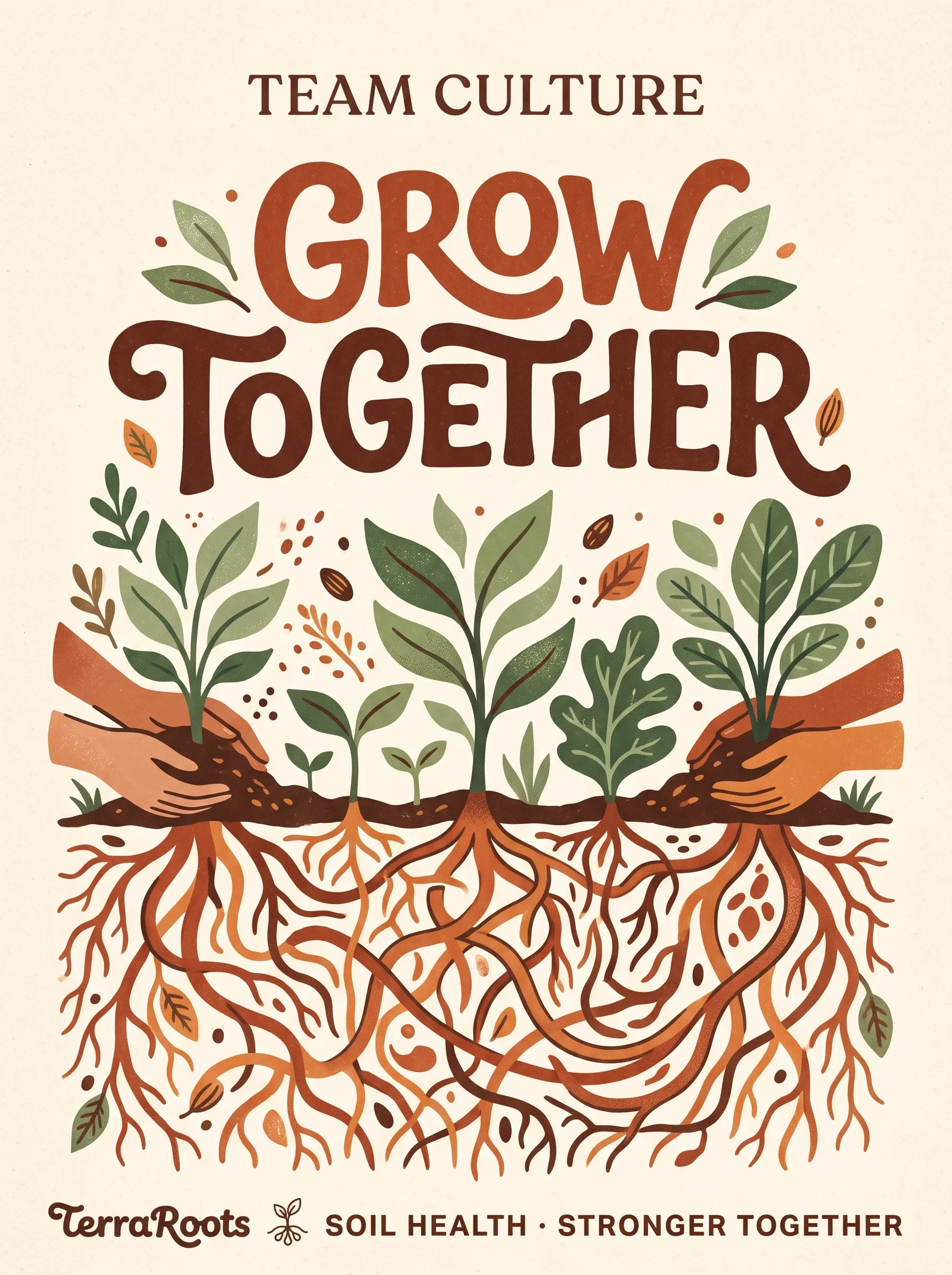TerraRoots Grow Together poster with branching roots and leaves