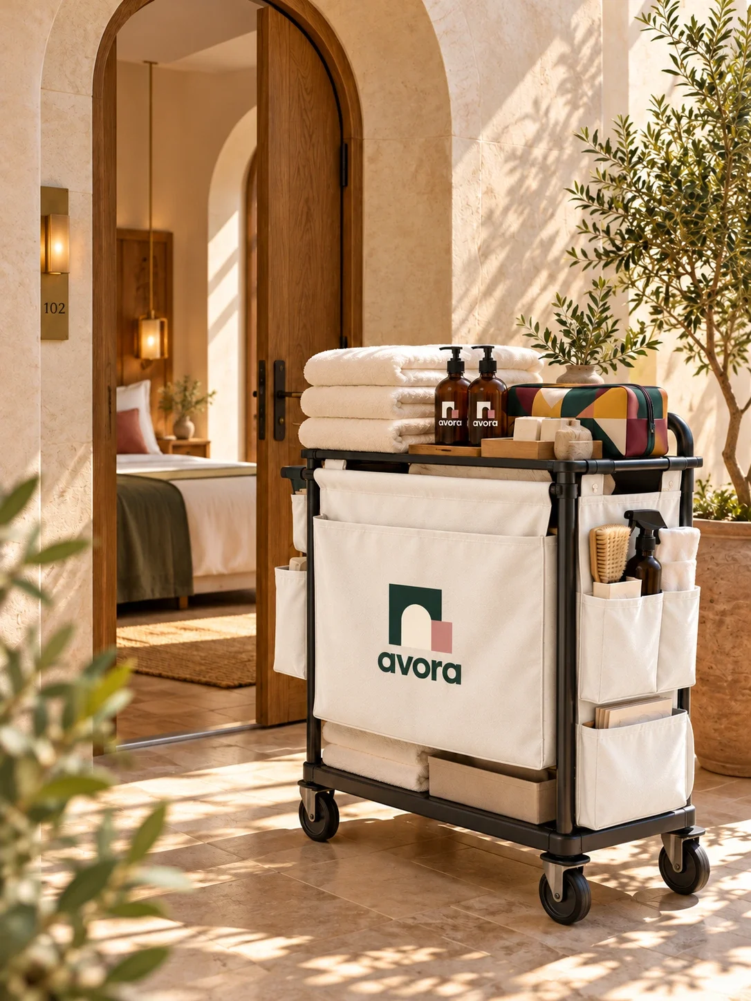Avora-branded service trolley in an arched courtyard.