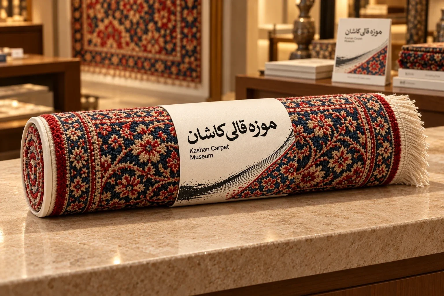 Patterned belly band wrapped around a rolled carpet runner