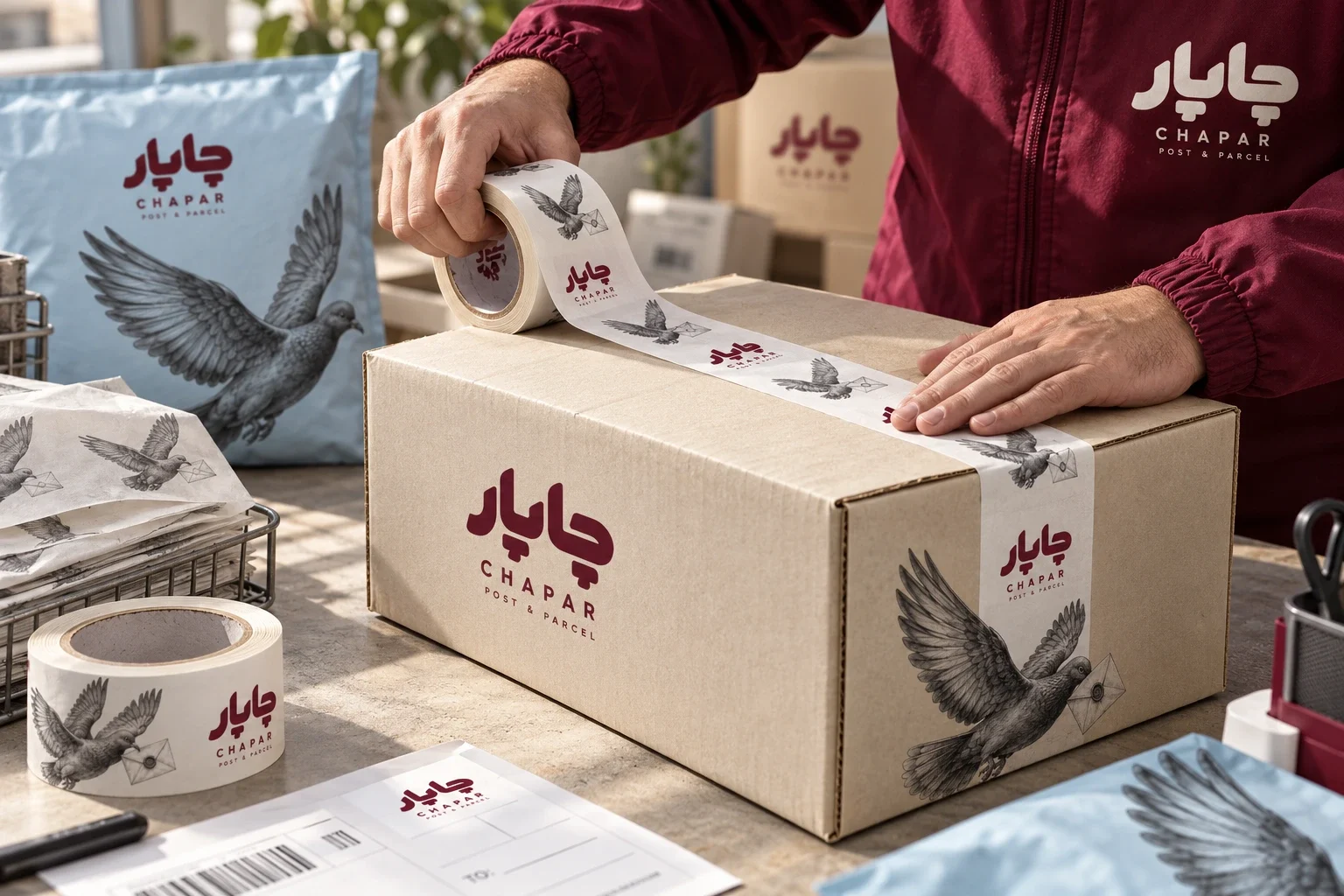AI-assisted mockup of a worker sealing a Chapar parcel with illustrated tape.