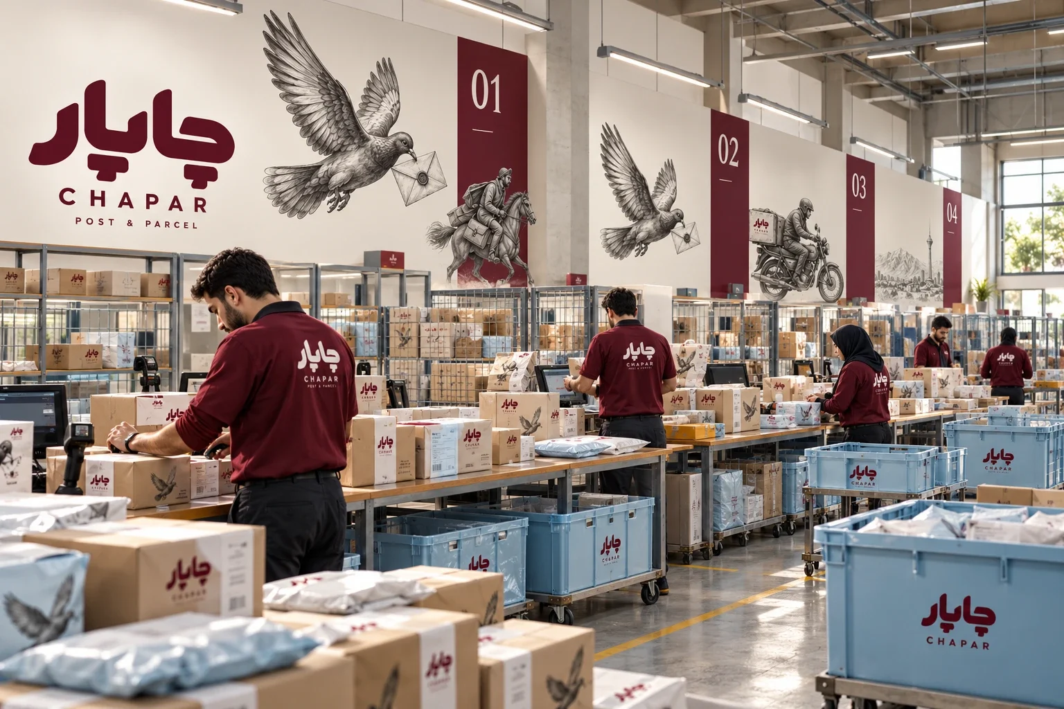 Sorting-workspace mockup with branded bays, blue bins and staff uniforms.