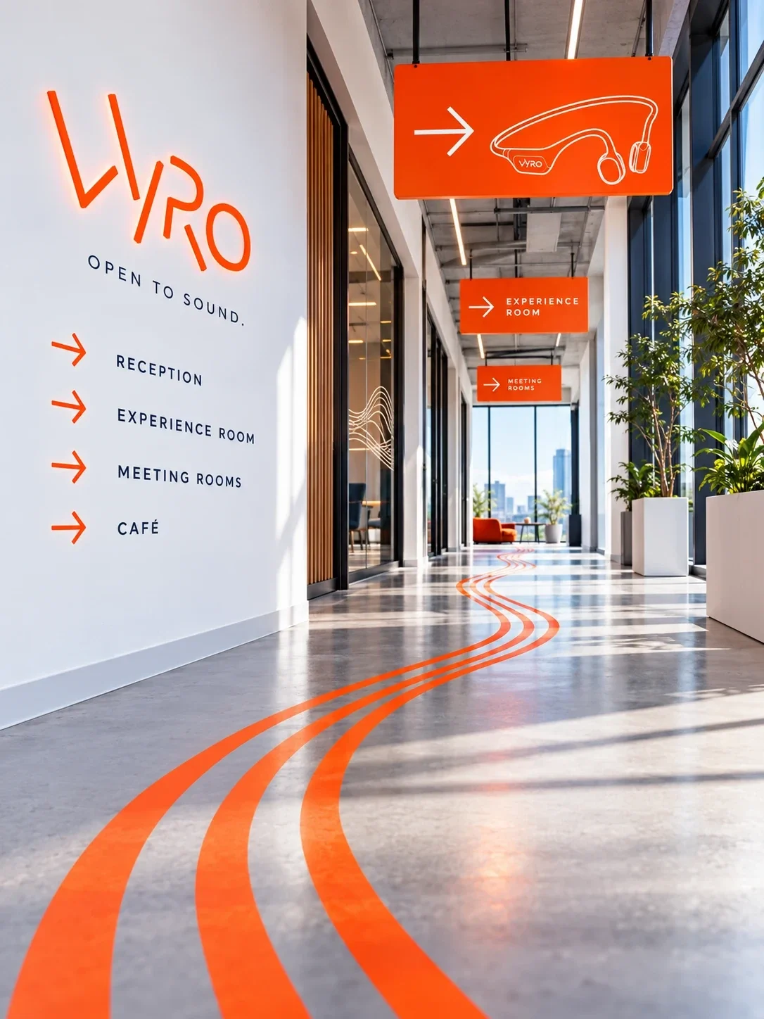 Orange Vyro wayfinding signs in an interior corridor