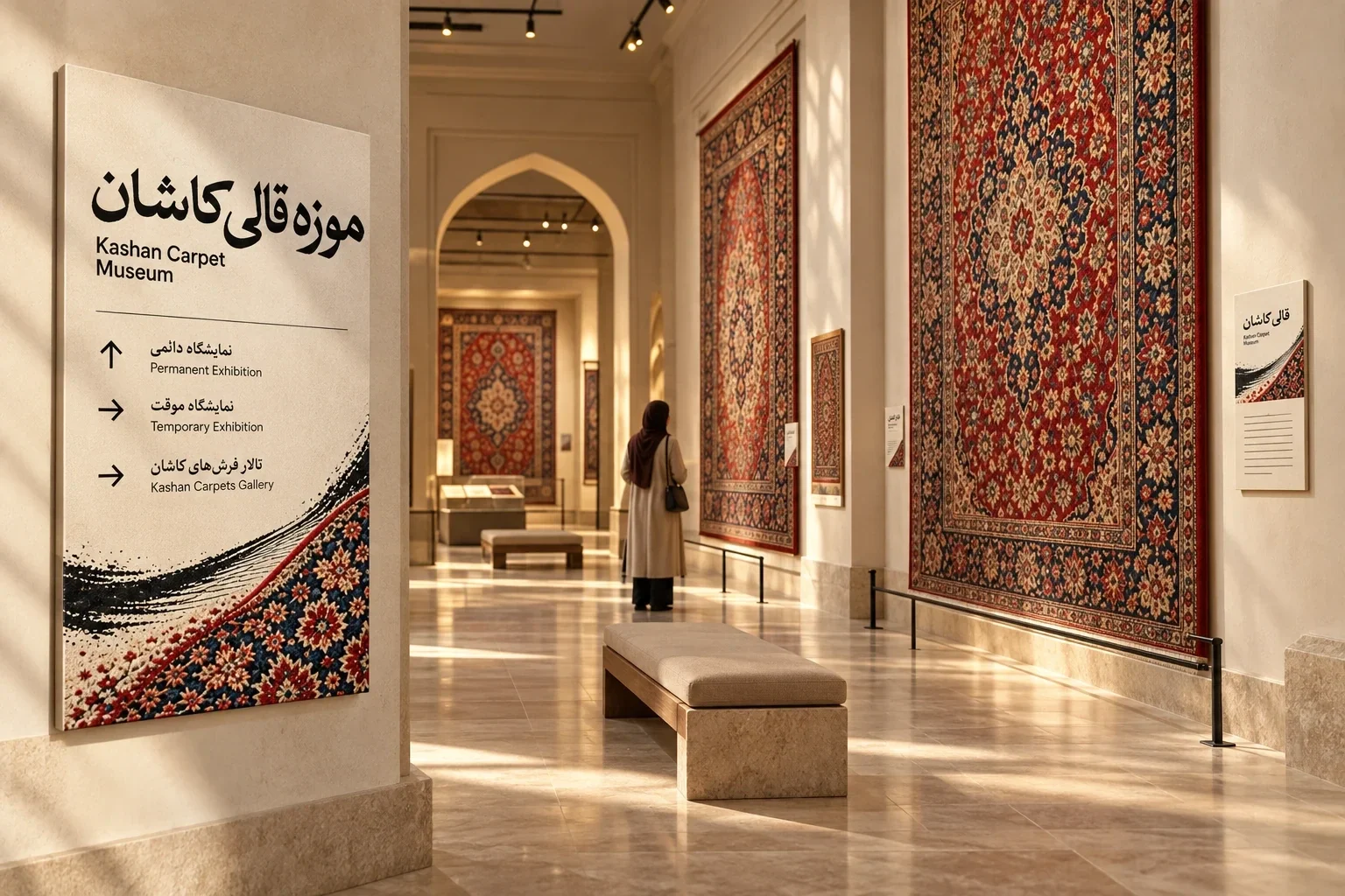 Gallery with museum sign, archway and hanging carpets