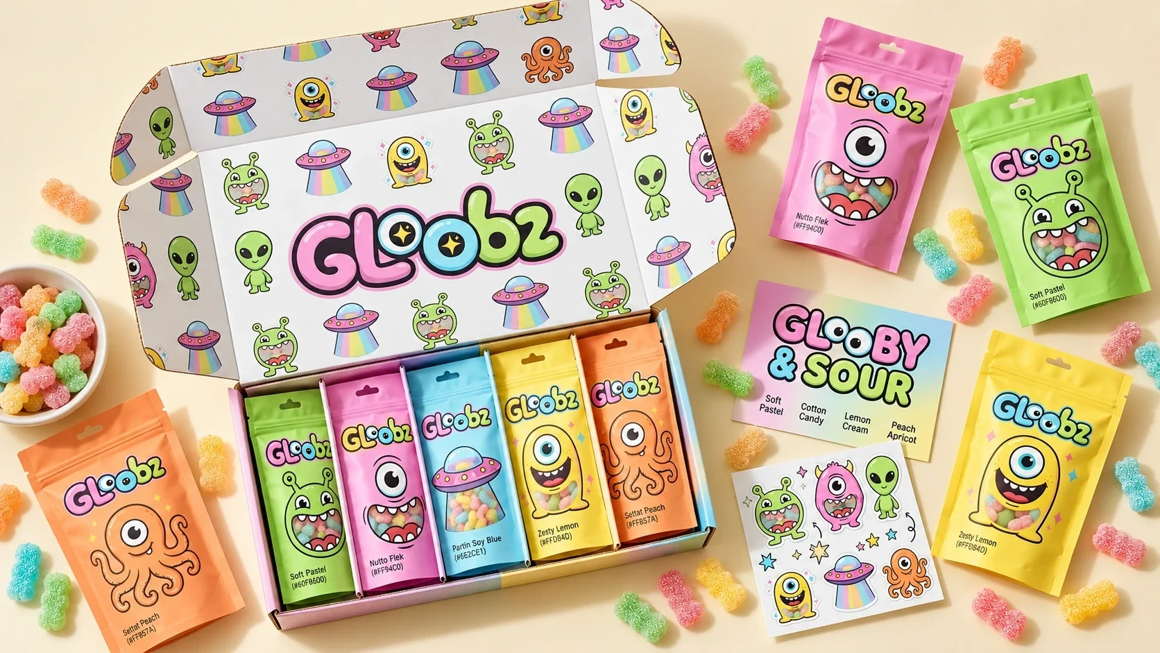 Gloobz multipack box, five pouches and stickers arranged flat