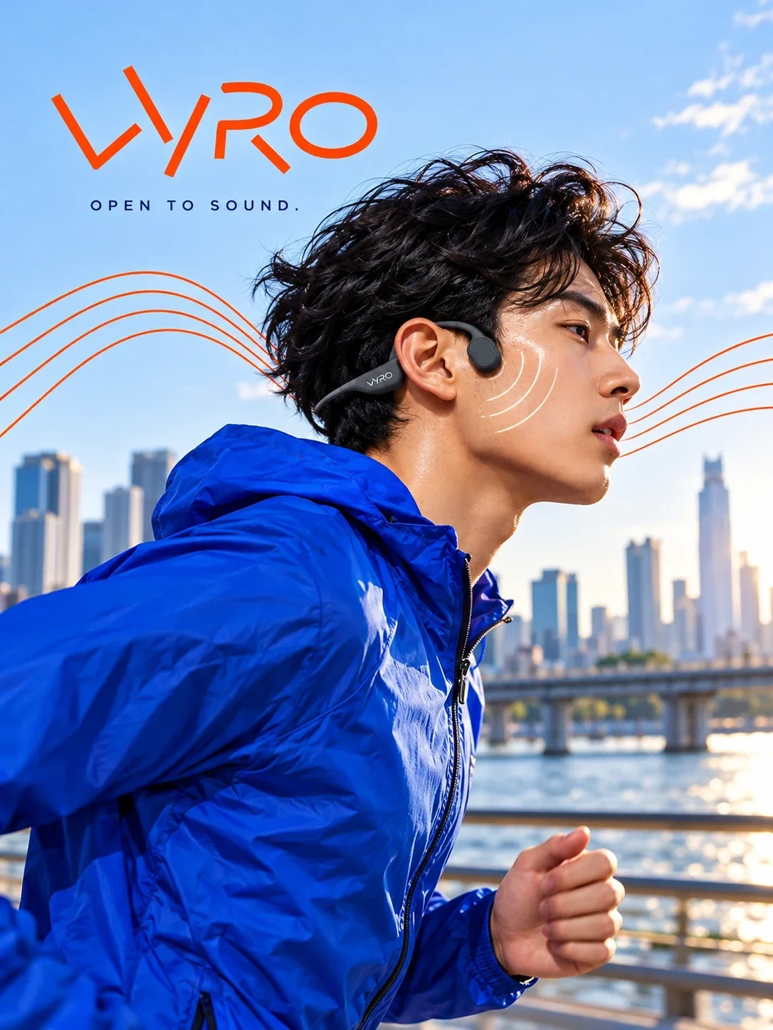 Runner wearing the Vyro headset beside a city waterfront