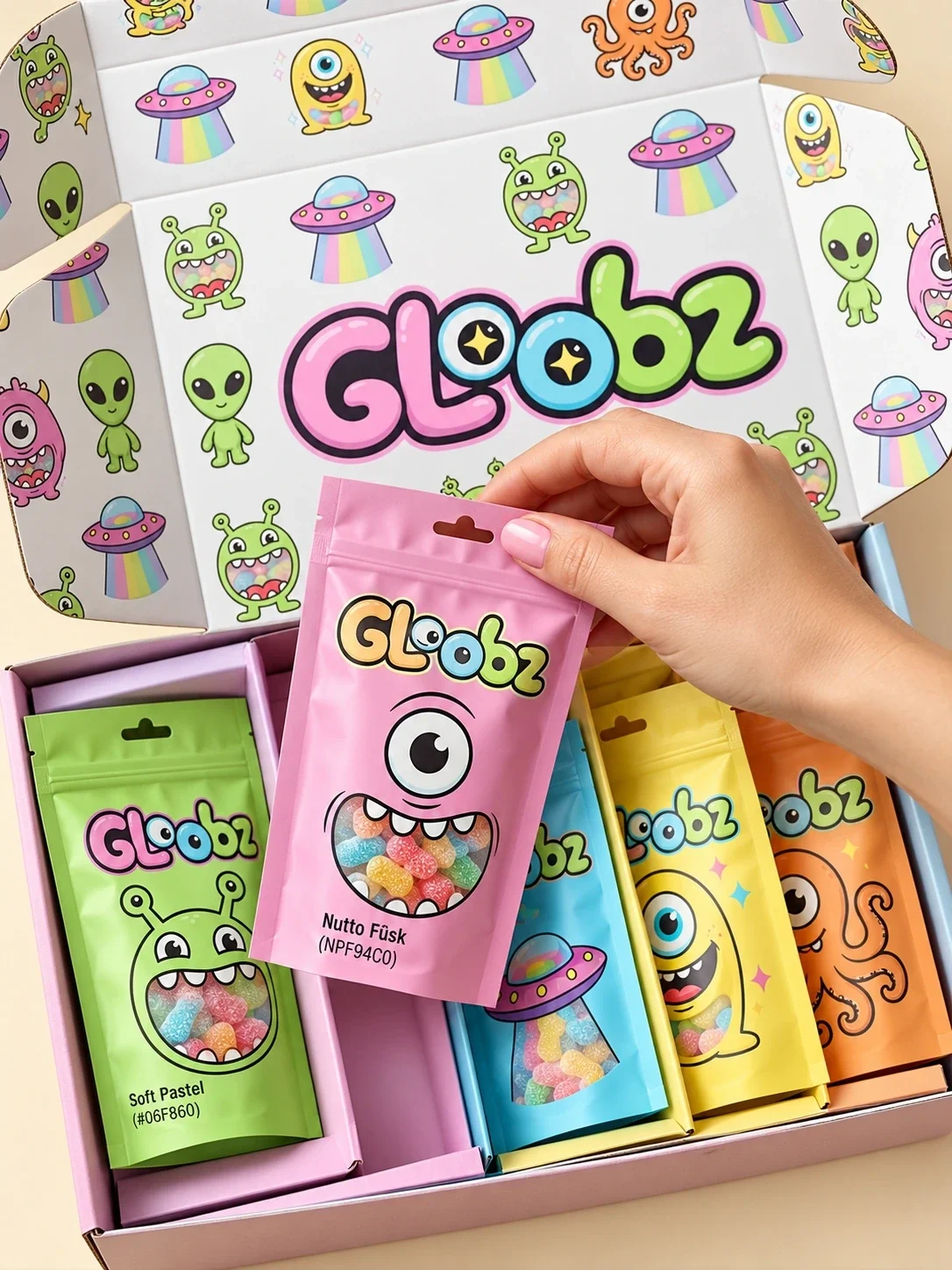 Close view of a hand lifting a Gloobz pouch from the multipack