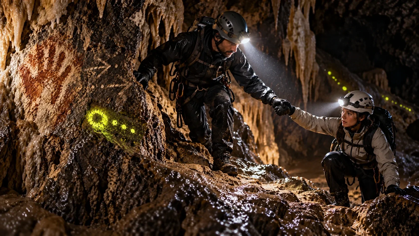 Guide helping a visitor over rock beside a cave handprint