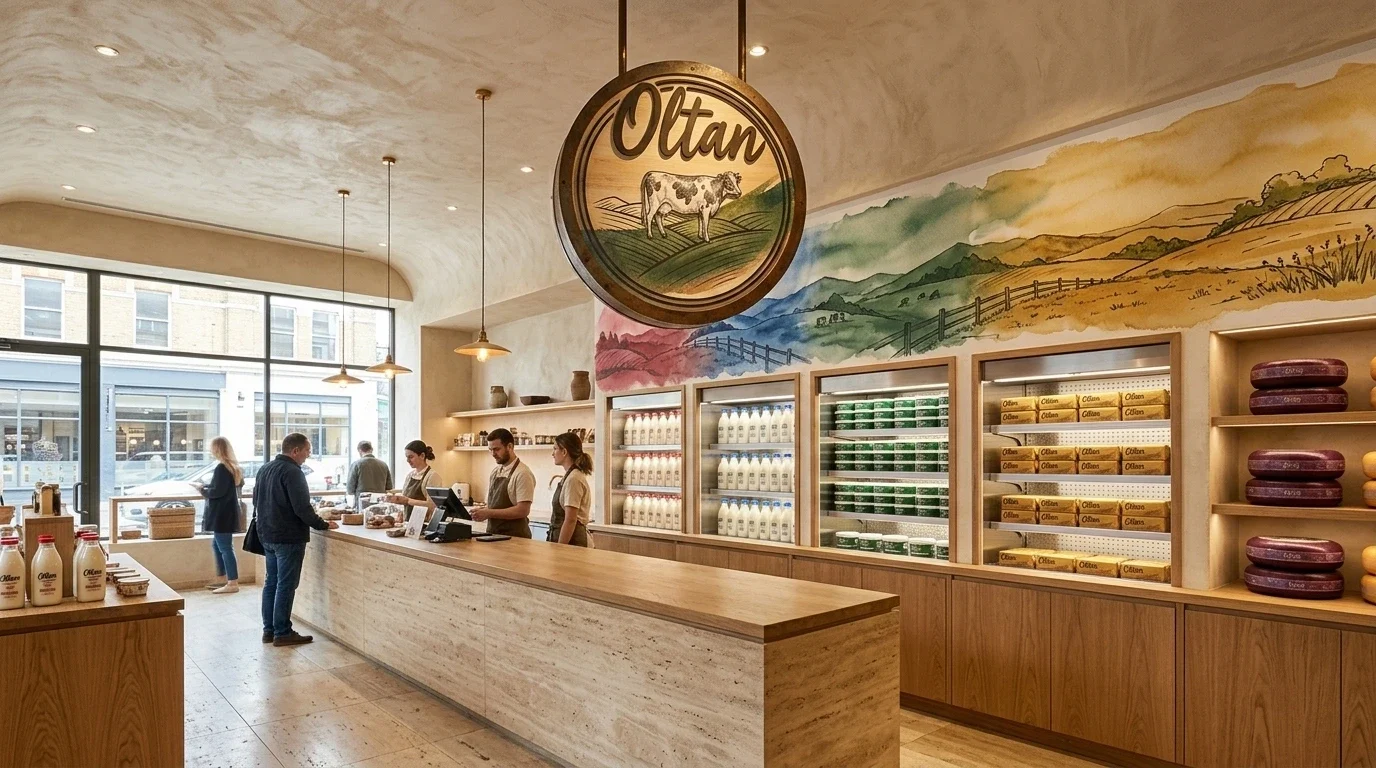 Oltan dairy retail interior concept with product shelving and pastoral wall illustration
