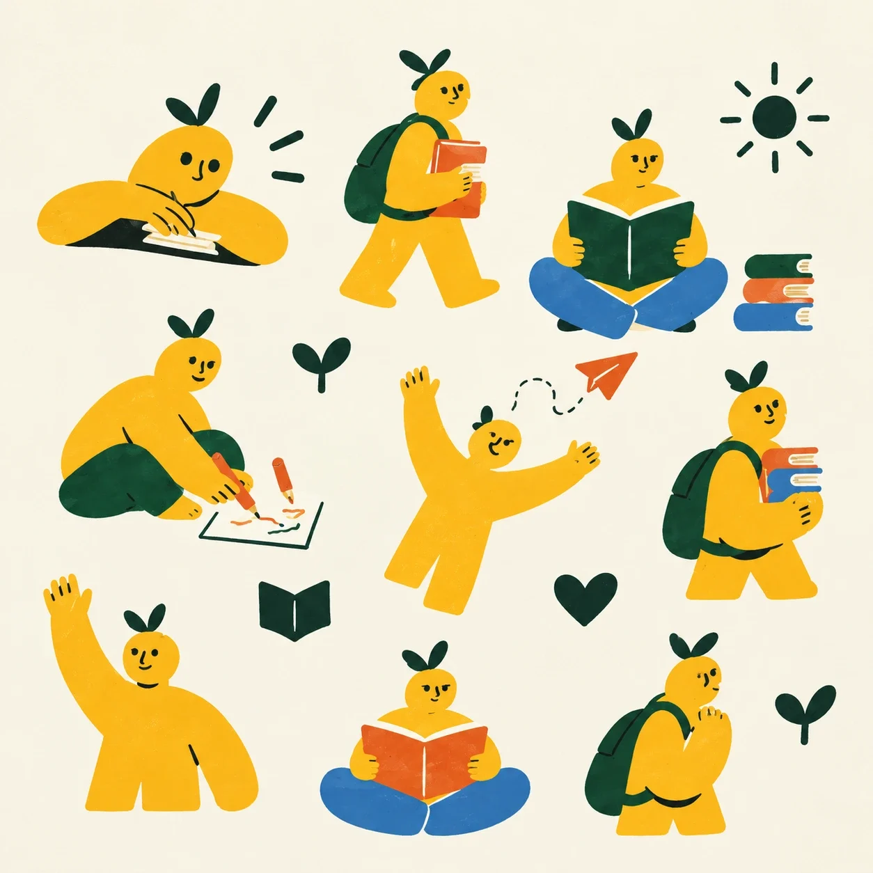 Small Steps illustration system with yellow sprout-headed children reading, writing and carrying books on a cream background.