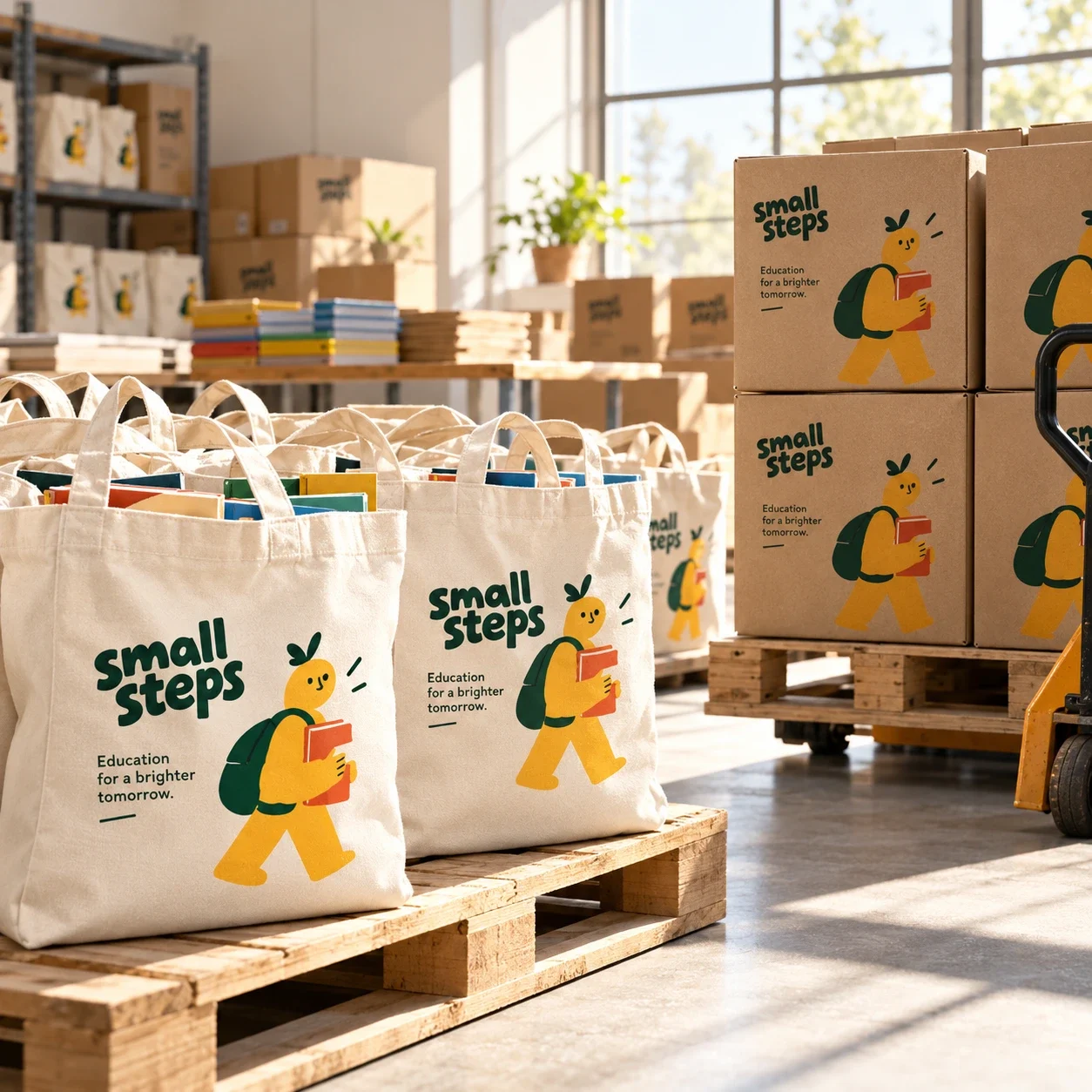 Staged concept scene of Small Steps education kit materials.