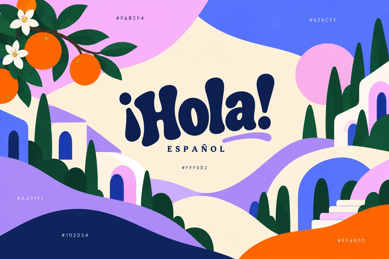 Hola identity artwork with cream, lavender, blue, navy and orange colour fields.