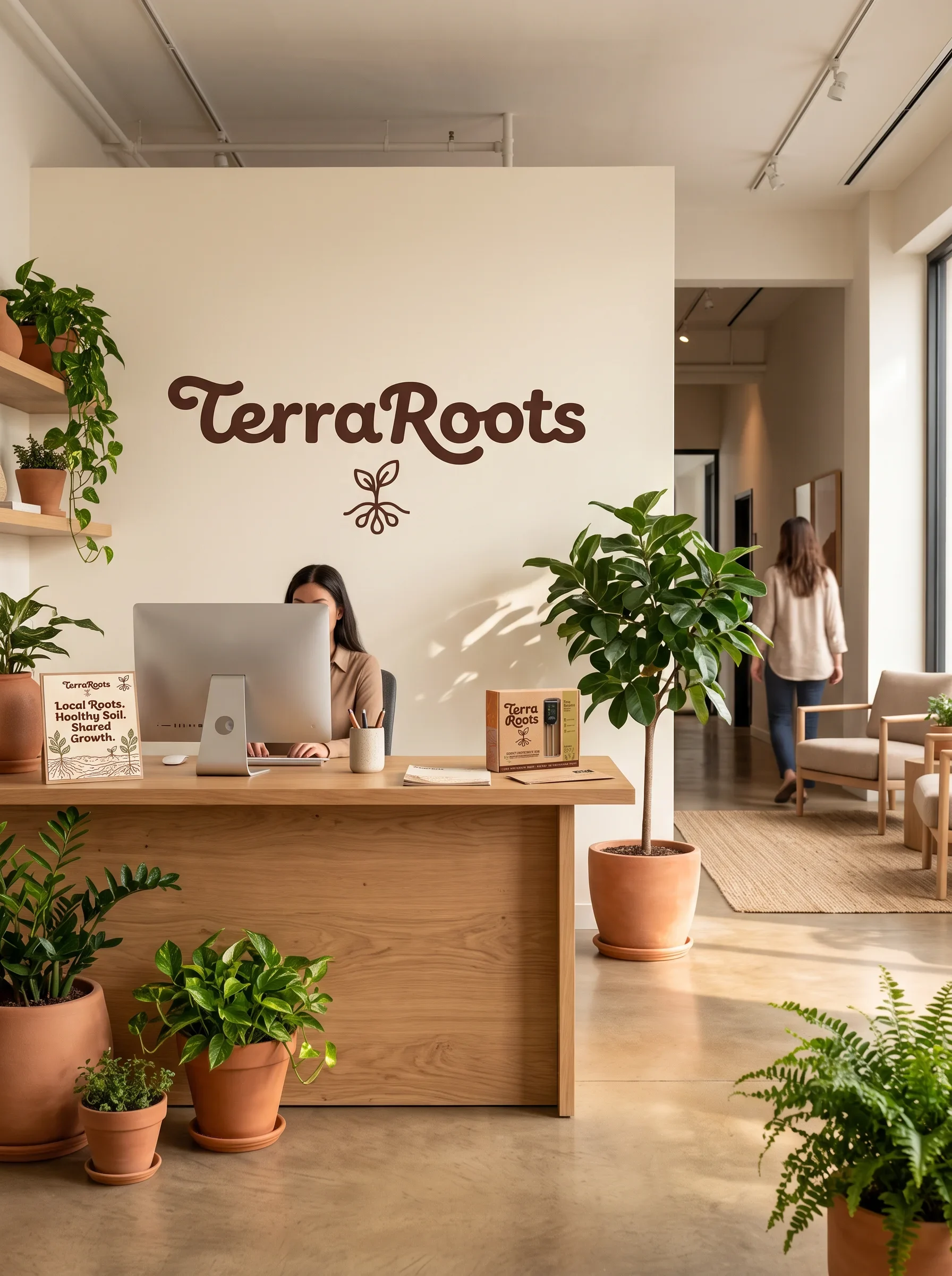 TerraRoots reception with brown signage, wood and potted plants