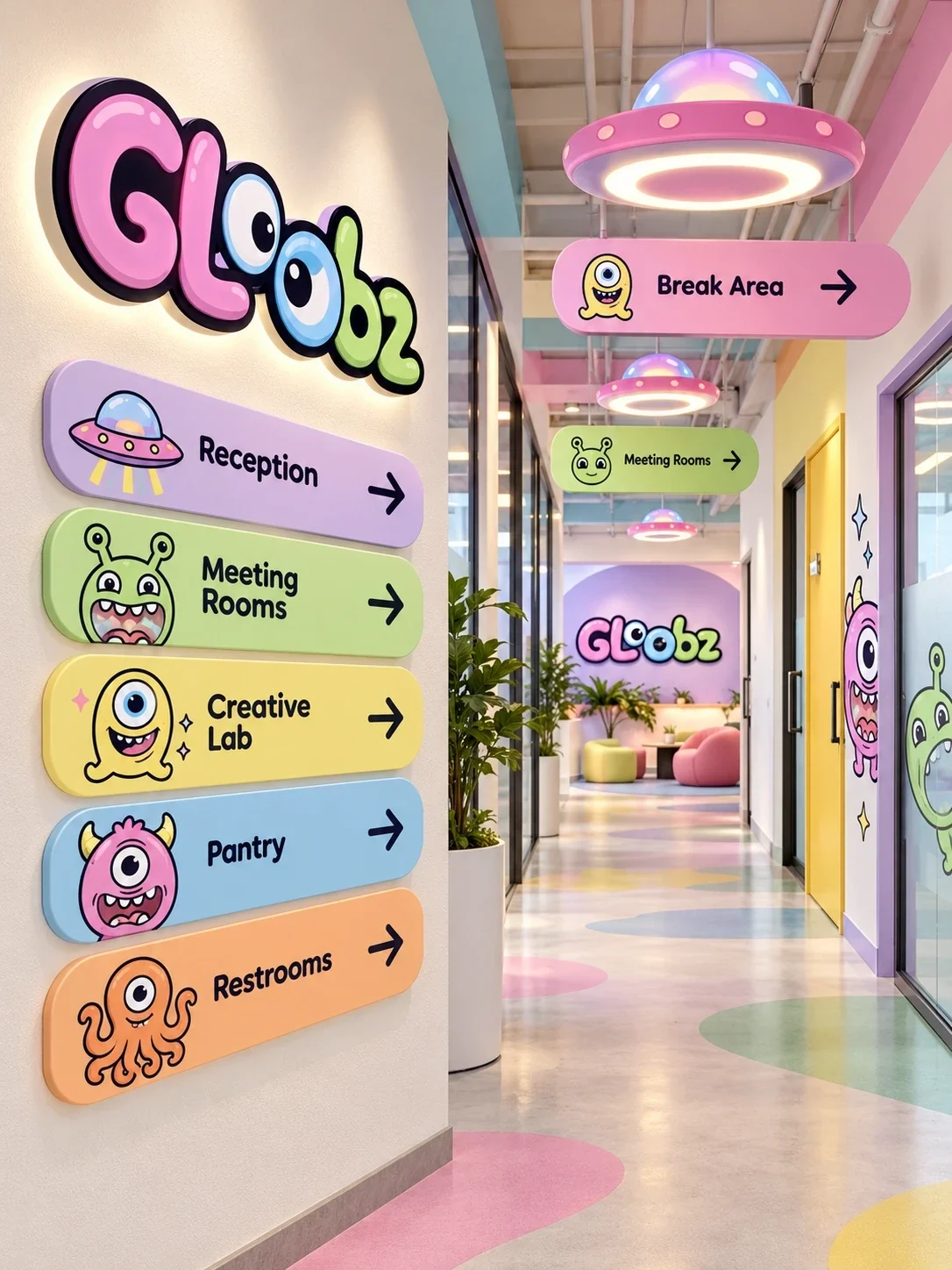 Gloobz character wayfinding signs in a pastel interior