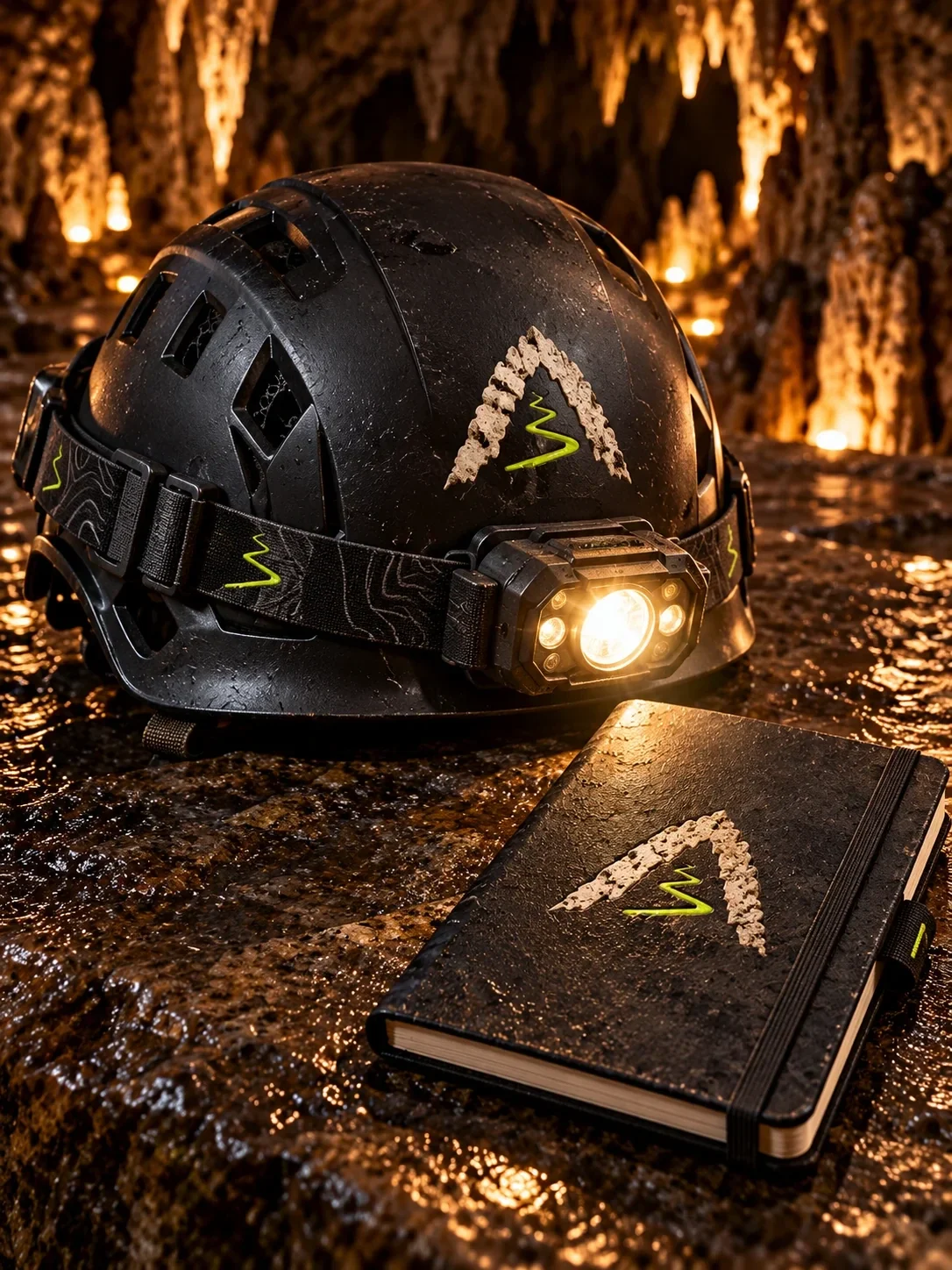 Noctara-branded helmet and field notebook