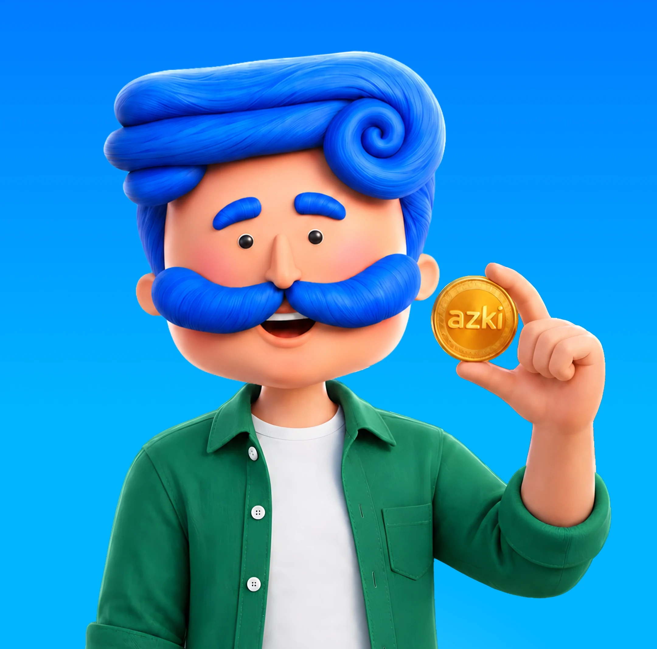 Azki mascot in a green shirt holding a gold Azki coin against a blue background.