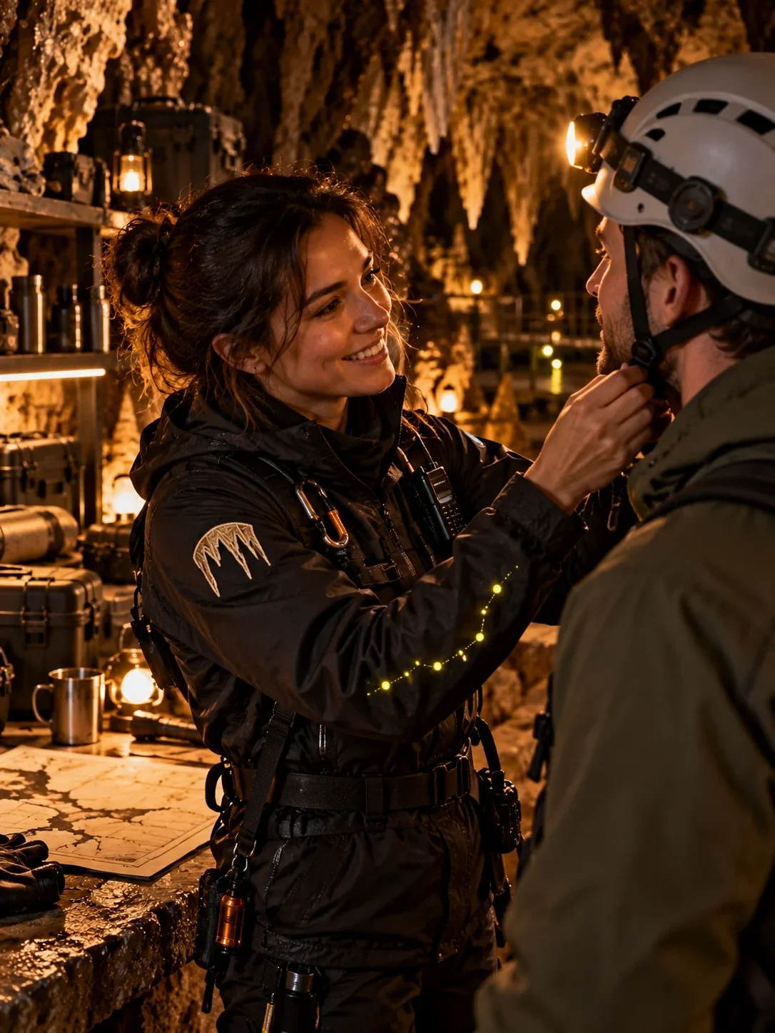 Guide adjusting a visitor’s helmet in Noctara uniform