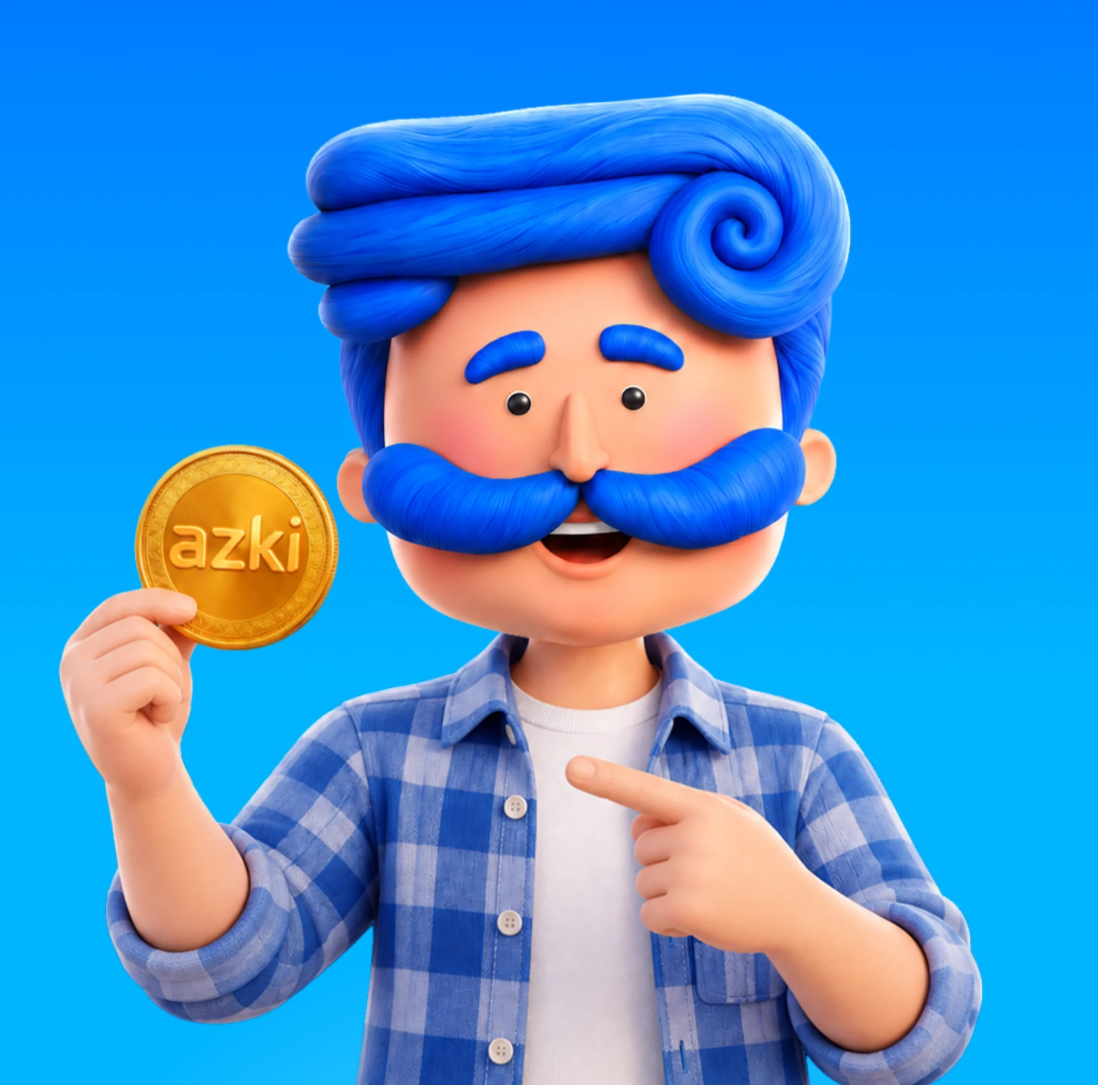 Azki mascot in a checked blue shirt pointing to a gold Azki coin.