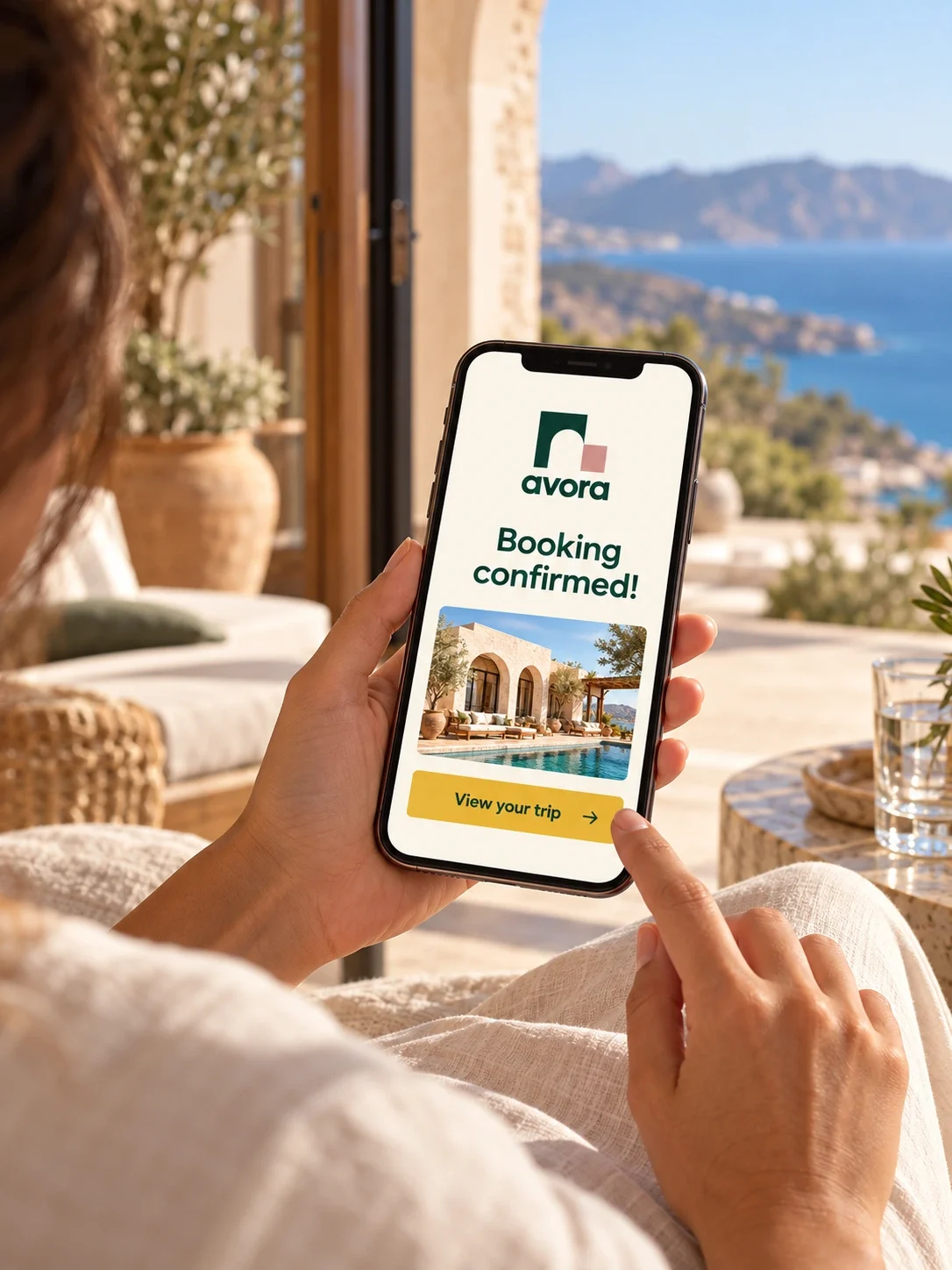 Avora booking confirmation brand mockup on a phone overlooking the coast.