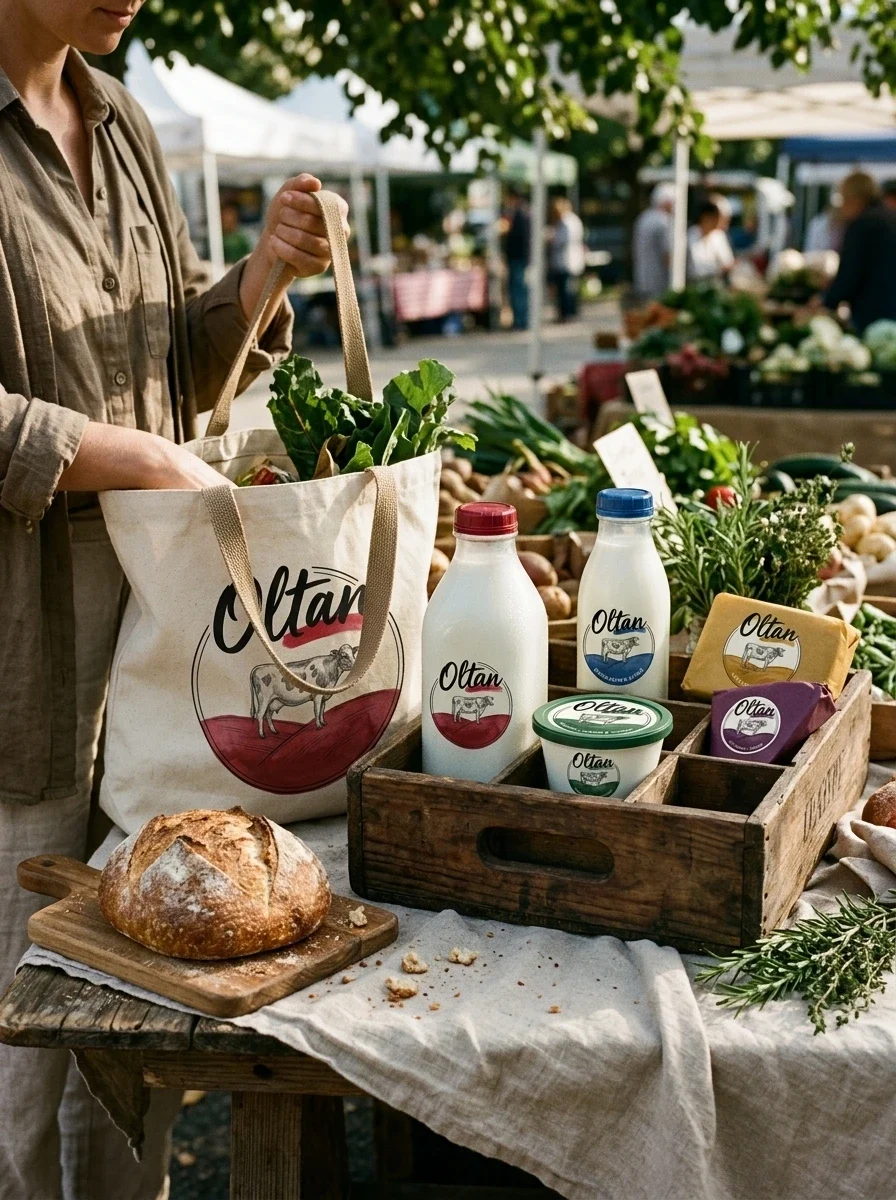 Oltan branded dairy packaging and tote bag in a farmers market scene mockup