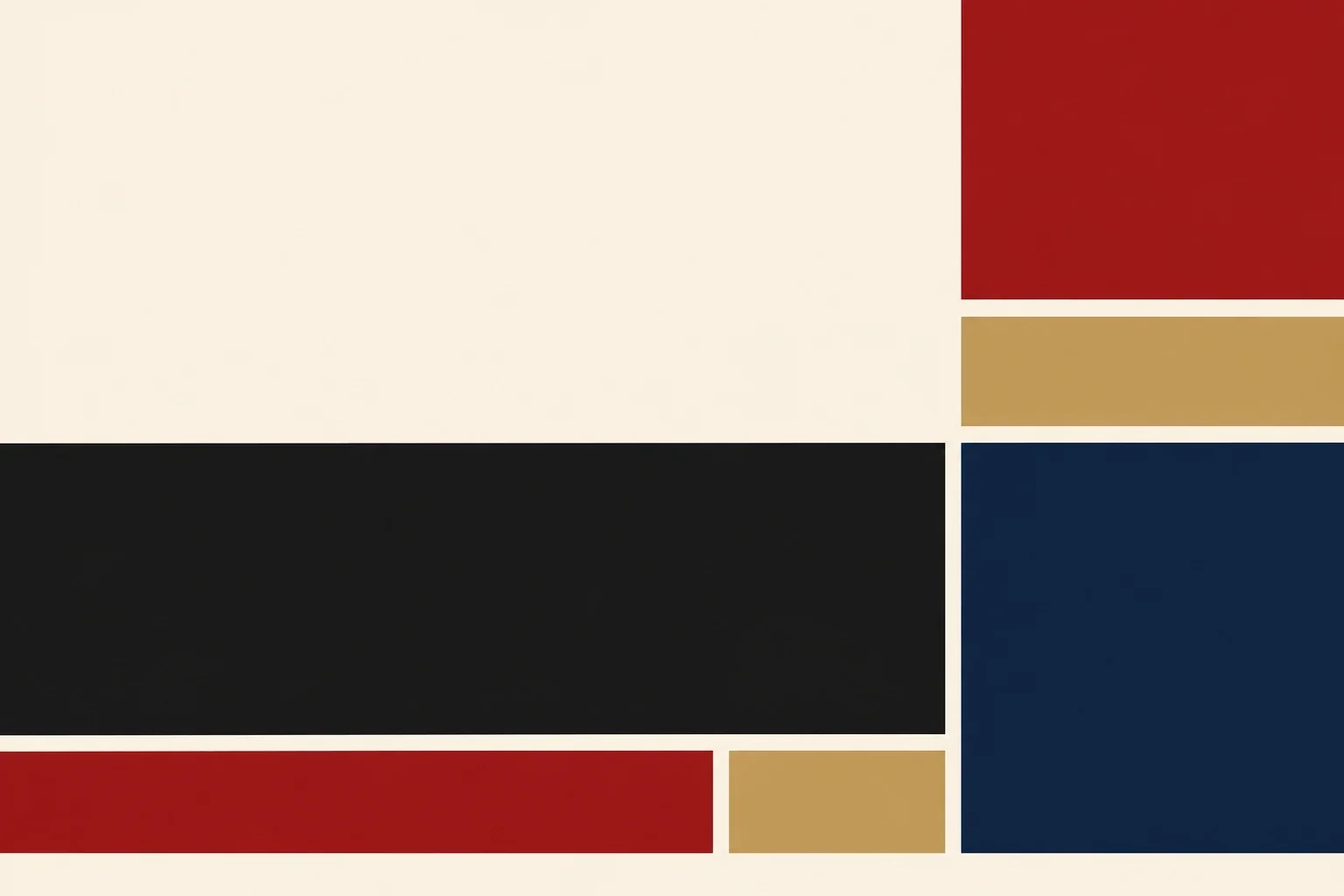 Cream, black, red, navy and brass identity palette