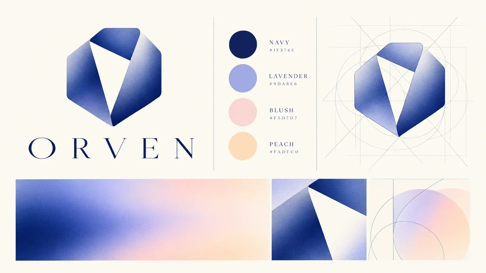 ORVEN identity system, monogram construction and colors