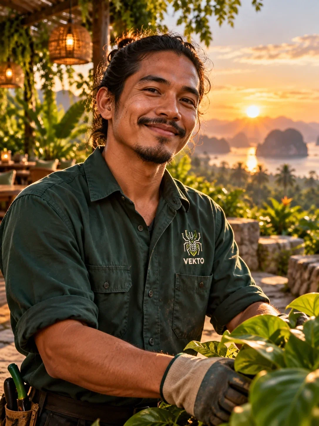 Gardener wearing a VEKTO polo in a green setting