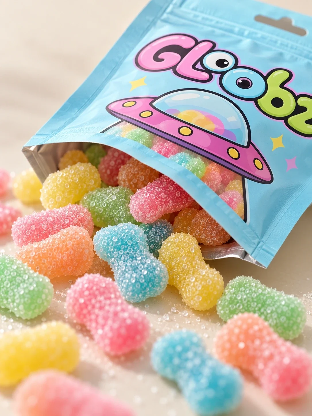 Blue Gloobz UFO pouch beside sugar-coated gummies