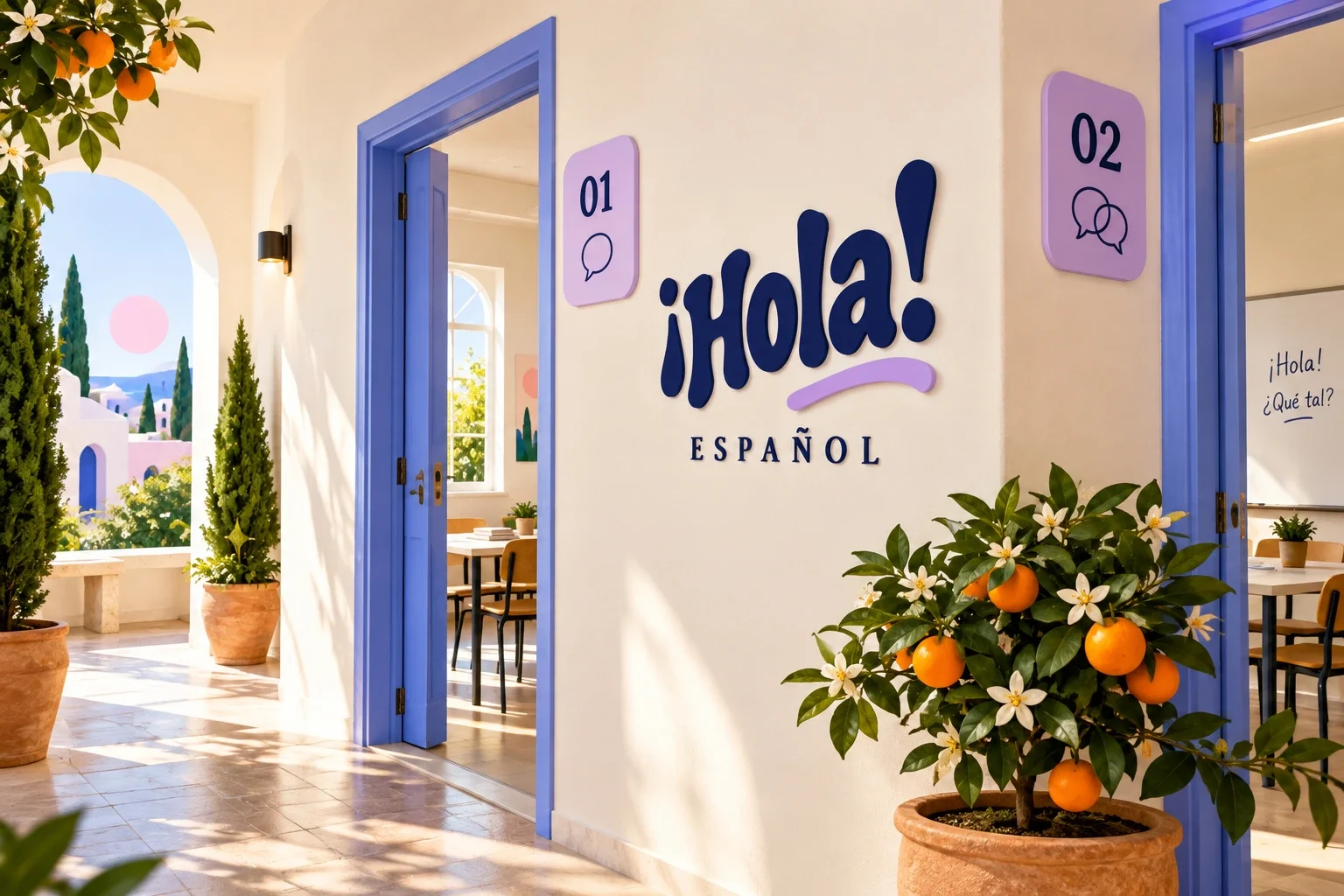 School corridor mockup with blue door frames, numbered classroom signs and a Hola wall mark.