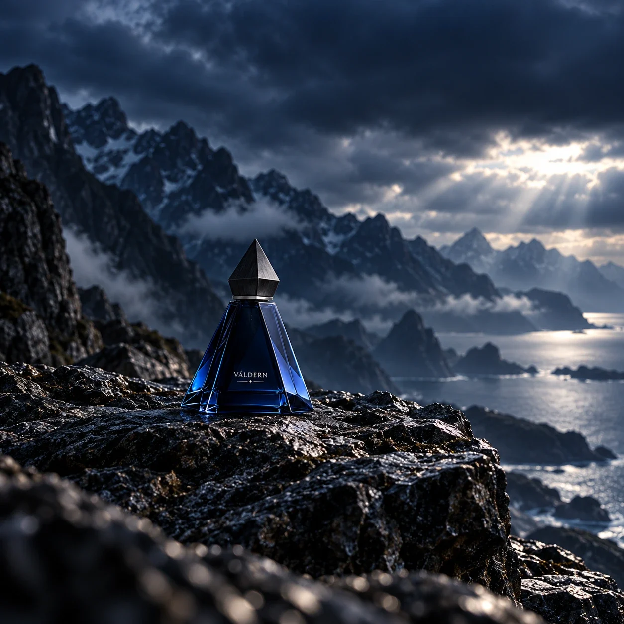 VÁLDERN perfume bottle and packaging set within a cold blue environmental scene.