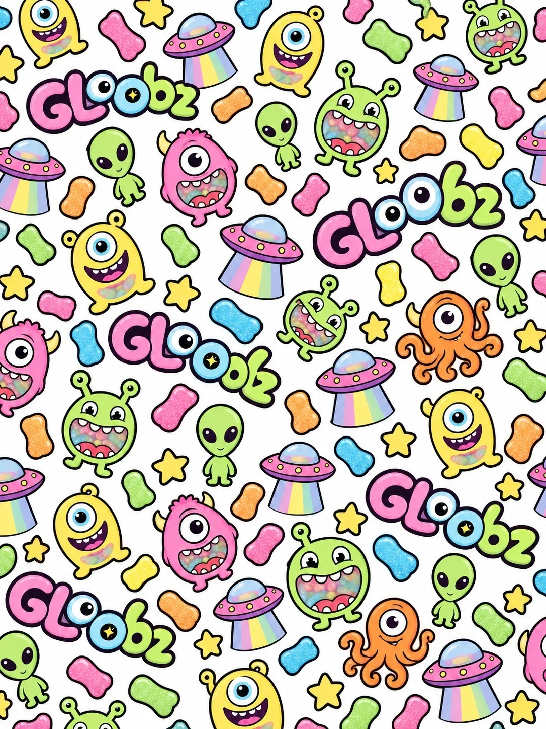 Dense repeating pattern of Gloobz alien characters and wordmarks